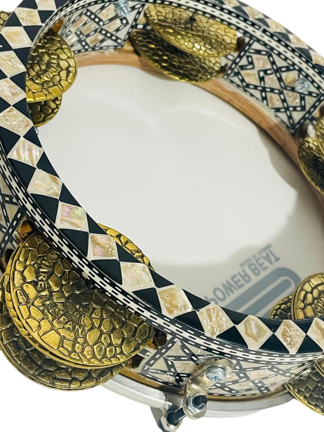 FAMA Professional Riq Tambourine – Mosaic Inlaid Mother Of Pearl, 10” Head, Synthetic PowerBeat Skin With Case