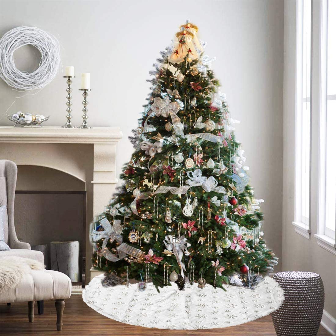 yuboo Gonna per albero di Natale in pelliccia sintetica rossa con fiocchi di neve, 150 cm tappetino per albero di Natale per decorazioni invernali e Capodanno