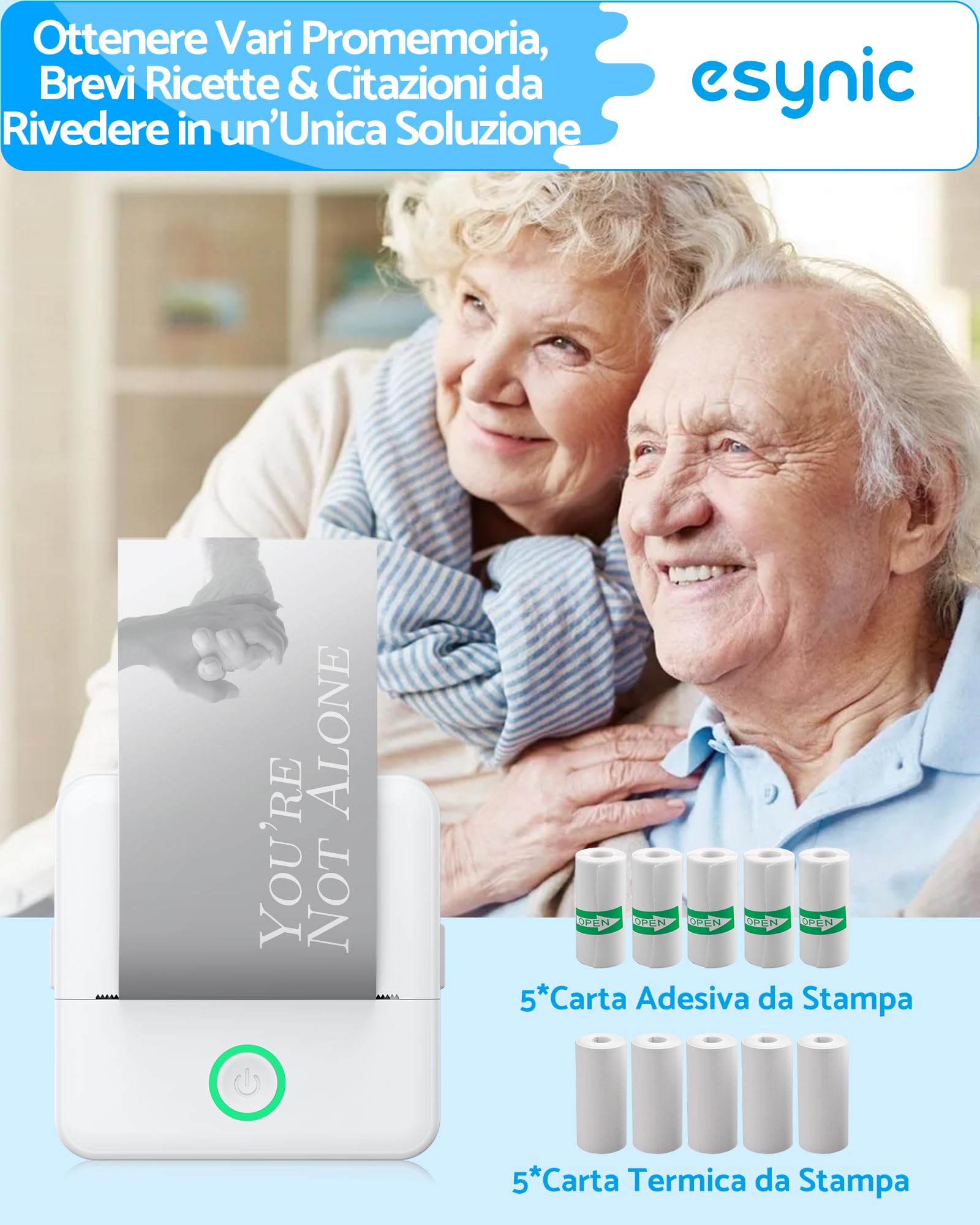 eSynic Stampante Termica Bluetooth Ricarica Type-C Android iOS Foto Bianco e Nero + Carta Termica Adesiva