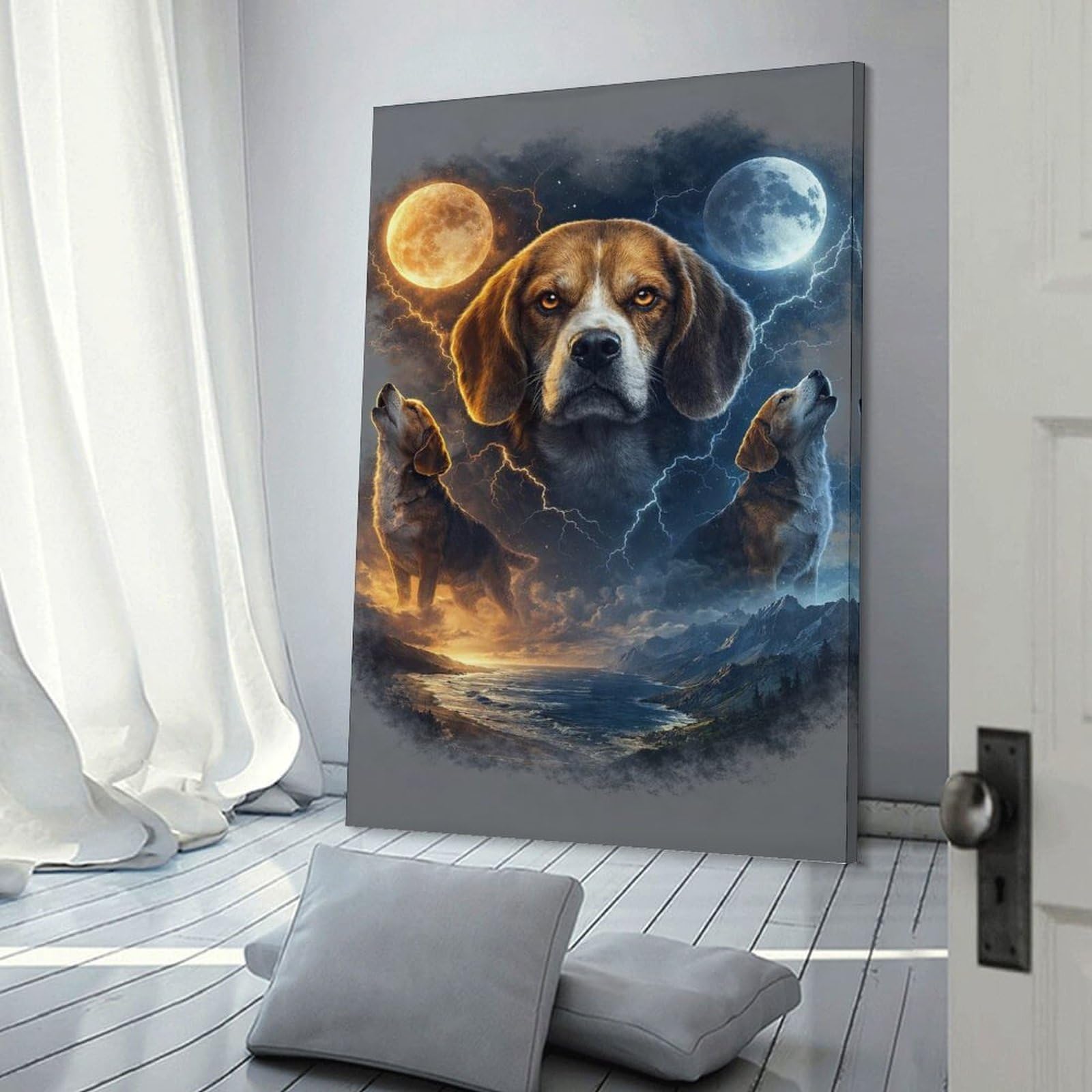 Junmoney Beagle Dogs Howling at Two Moons Room Decor Wall Art, 24x36inch(60x90cm), for Bedroom Walls, Guest Spaces Or Lounges, Stylish Decor for A Restful Room Update