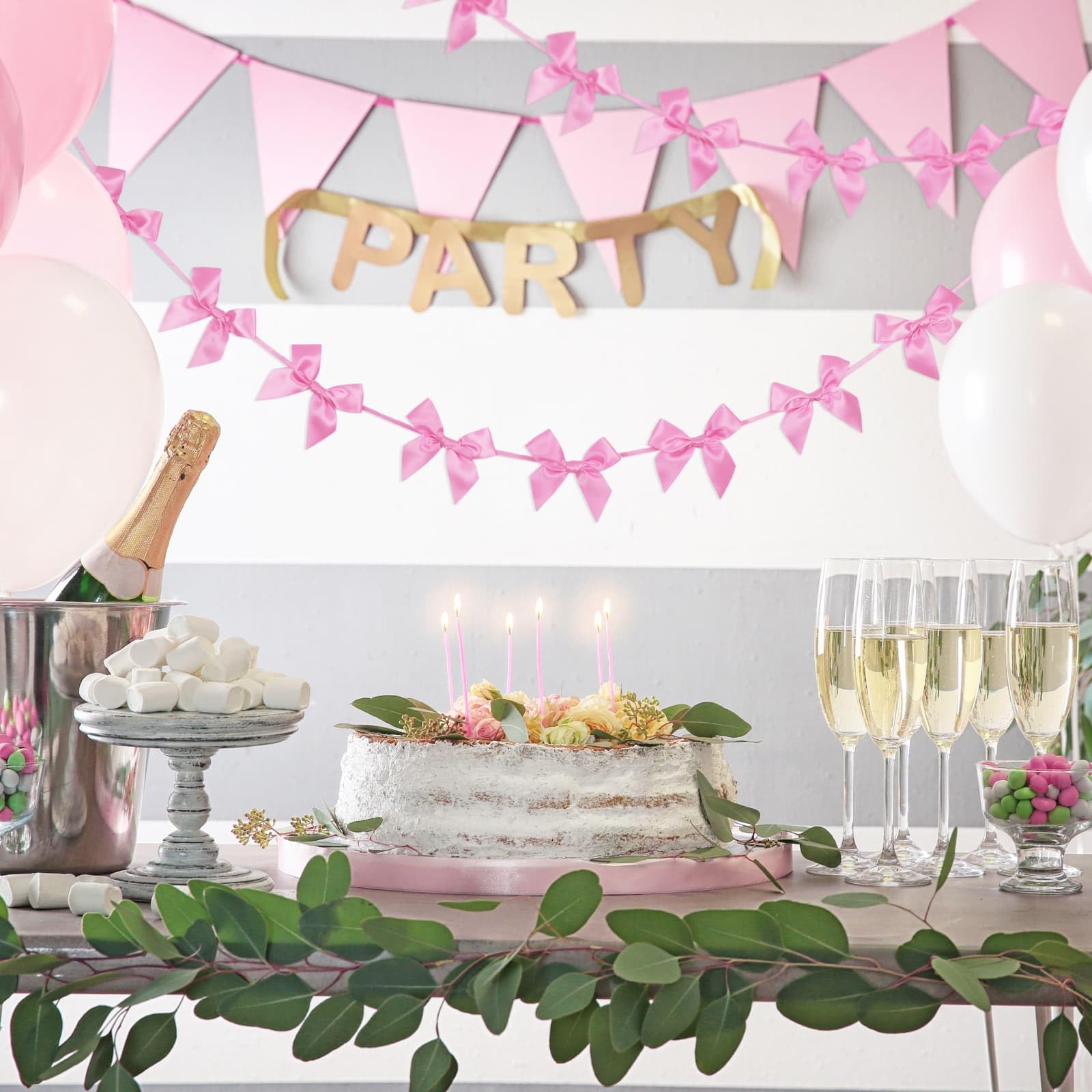 2 sztuki różowej girlandy z kokardą baner wstępnie nawleczony, dekoracje urodzinowe satynowa wstążka baby shower wieczór panieński artykuły dekoracyjne