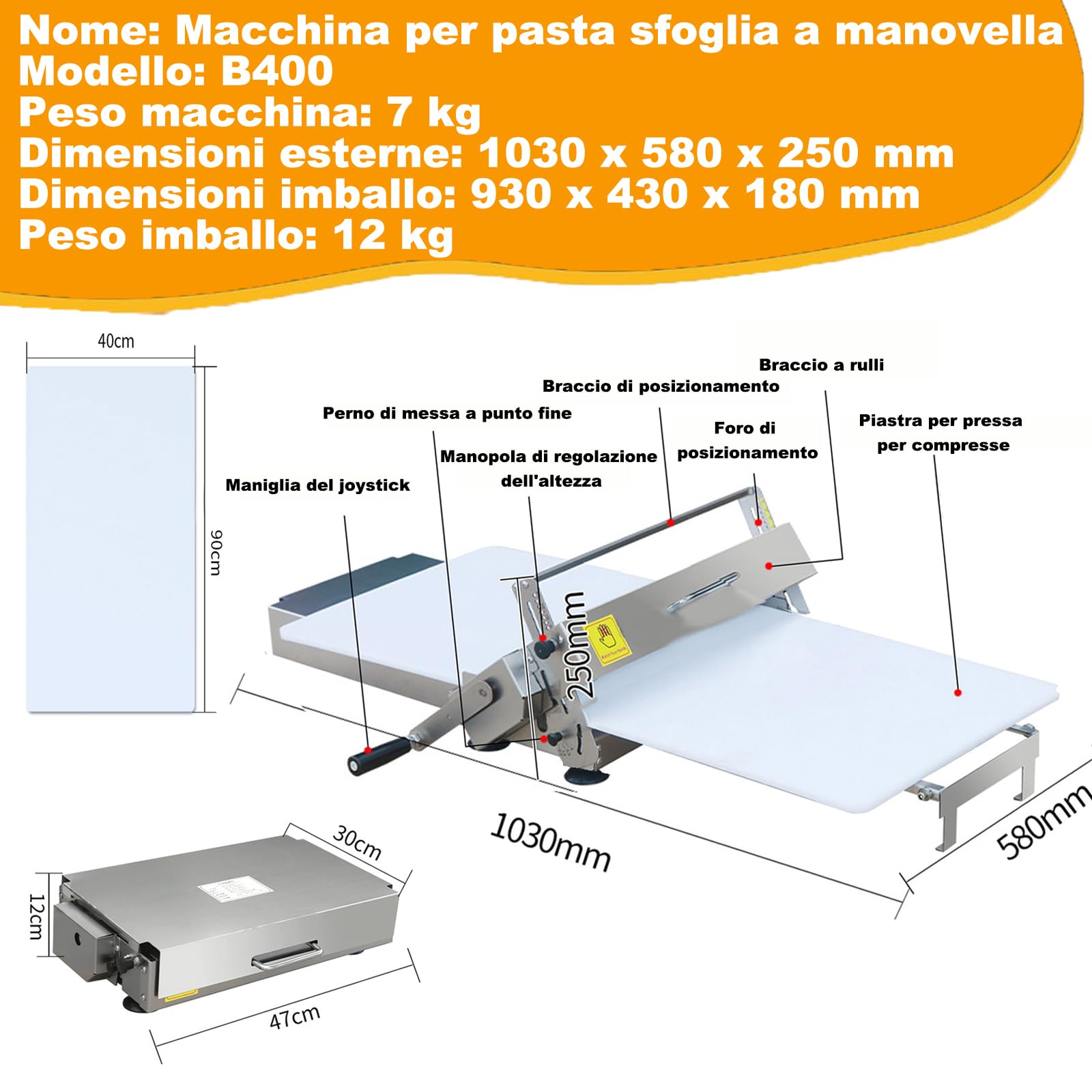 Sfogliatrice Manuale per Pasta, Sfogliatrice Pieghevole per Pasta, Pressa Automatica per Pizza Commerciale in Acciaio Inossidabile per Pane, Marzapane e Pasta Sfoglia B400