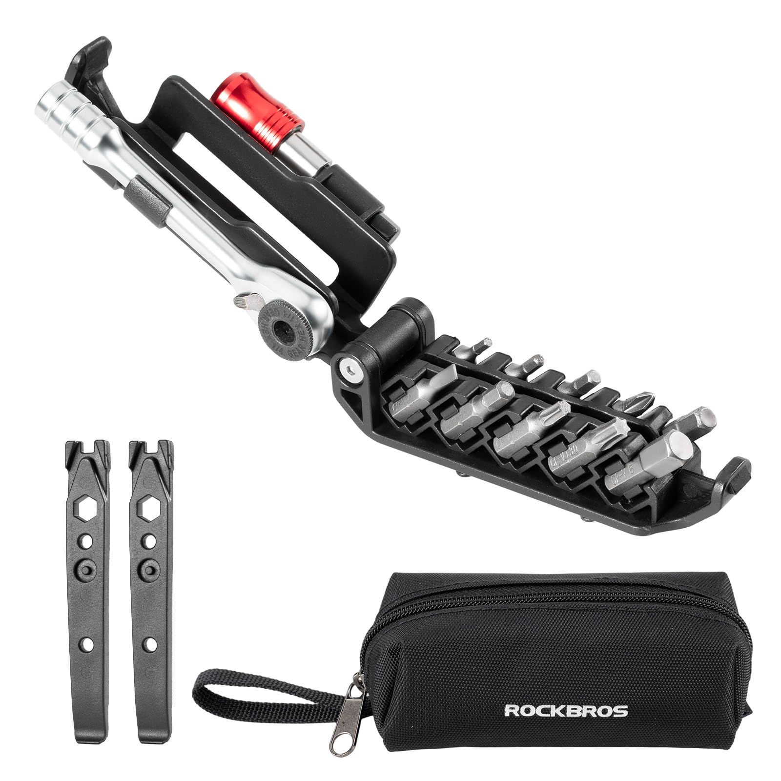 ROCKBROS 10-in-1 Fahrrad-Multitool mit Ratsche und Reifenhebern, Kompakt & Leicht, Reparaturwerkzeug für Rennrad, MTB und Unterwegs