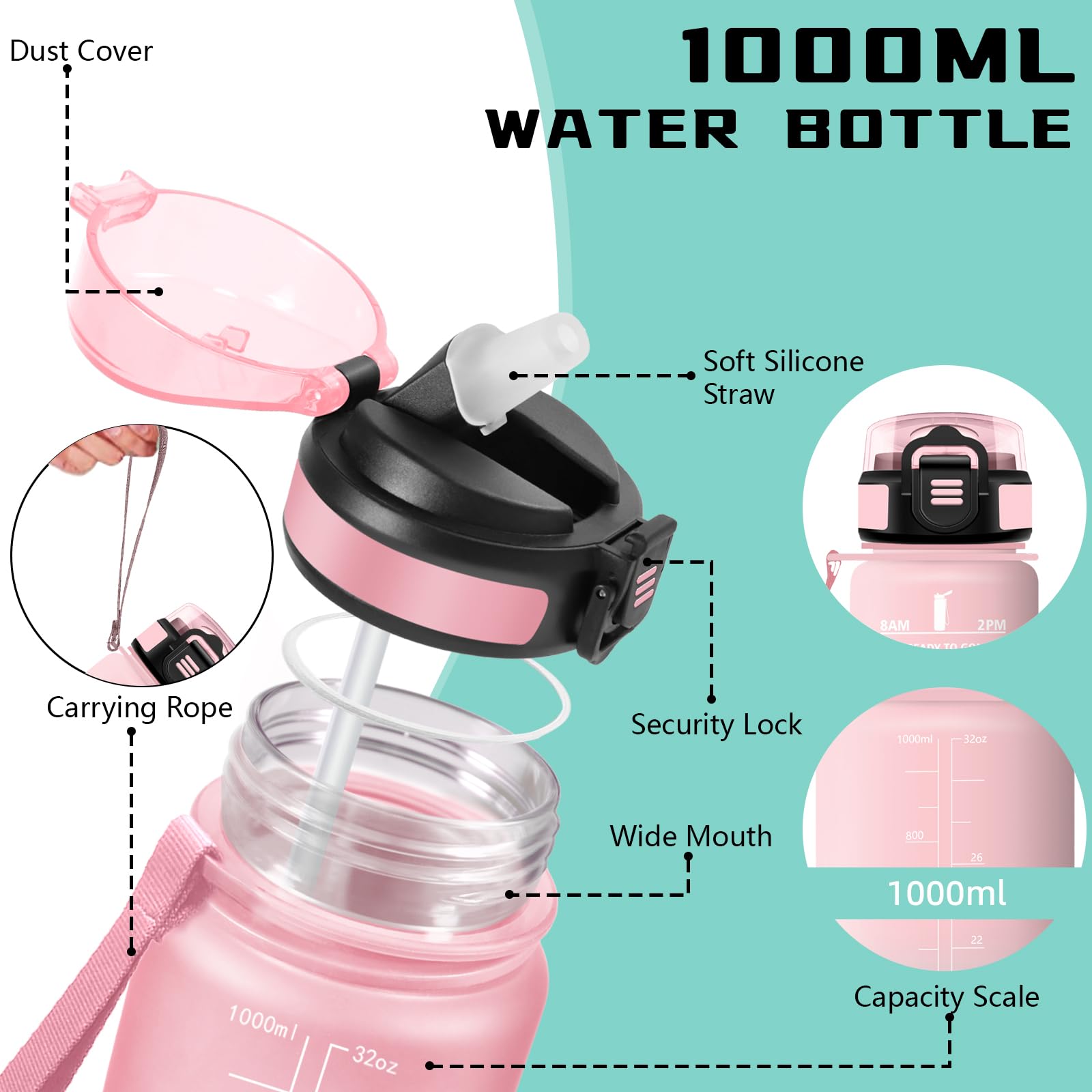 Mujigaga Borraccia 1 litro, Borraccia con Cannuccia, Senza Perdite, Borraccie Motivazionale, Facile da Pulire, Borracce Trekking, Con Slogan Motivazionale, Water Bottle per Sport, Ciclismo, Nuotare