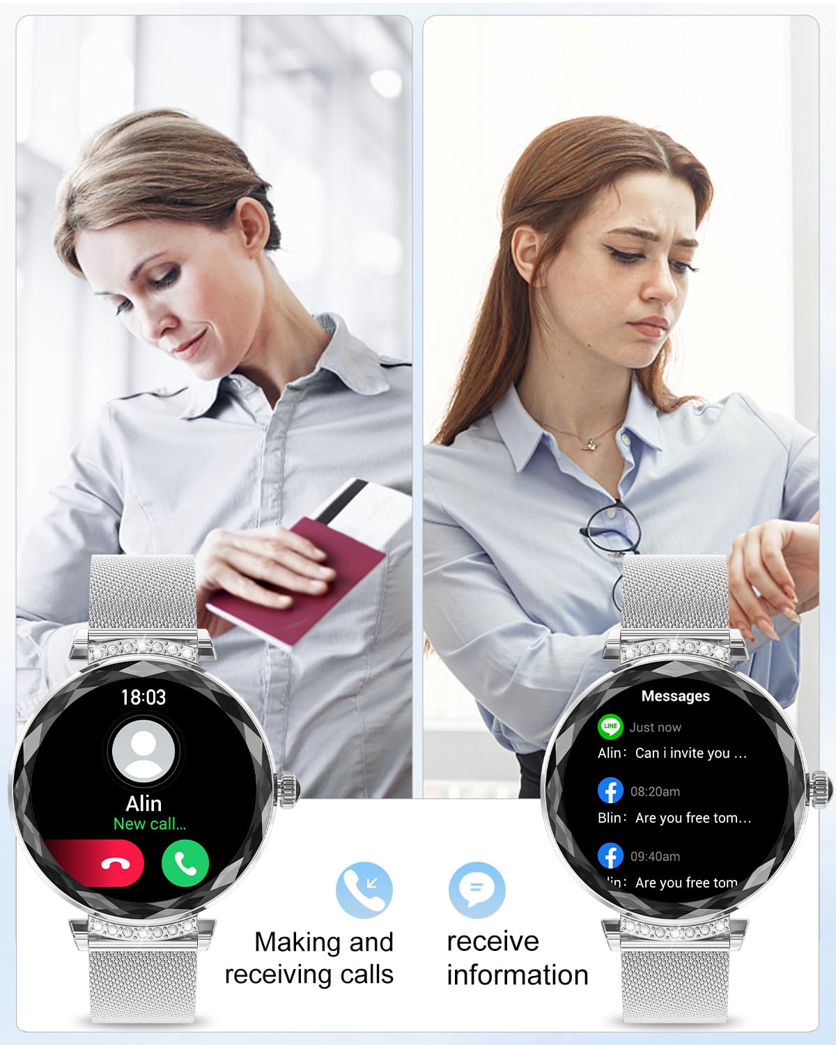 Fitonme 1.19" Smartwatch Donna,Telefonate Bluetooth Smartwatch,Monitoraggio SpO2/Sonno/Pressione Sanguigna/Frequenza Cardiaca,Resistenza all'Acqua 5ATM IP68,iOS Android Smart Watch-Argento