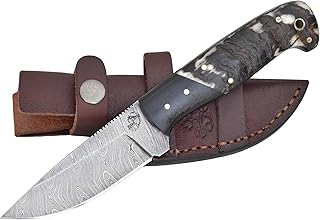 Knives Ranch Handmade Bushcraft Knife with Sheath - Full Tang Damascus Steel Hunting Knife - Ram’s Horn Handle - Heavy-duty Dual Carry Leather Sheath (2033-RH) - Knives Ranch