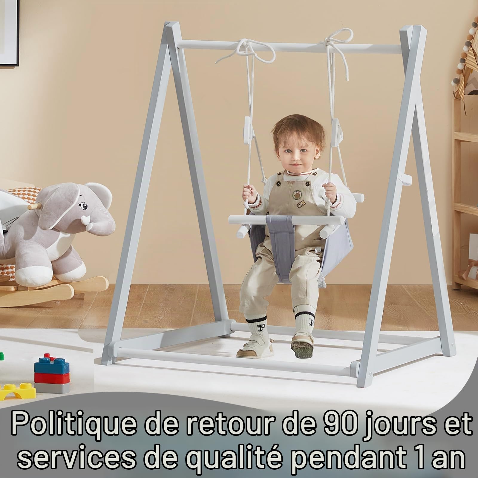 FUNLIO Balançoire en Bois Pliable pour Les Enfants de 6 à 36 Mois. Fabriquée en pin Durable, Portable avec 4 Sacs de Sable et des Sangles d'extension. Utilisation intérieure/extérieure - Gris