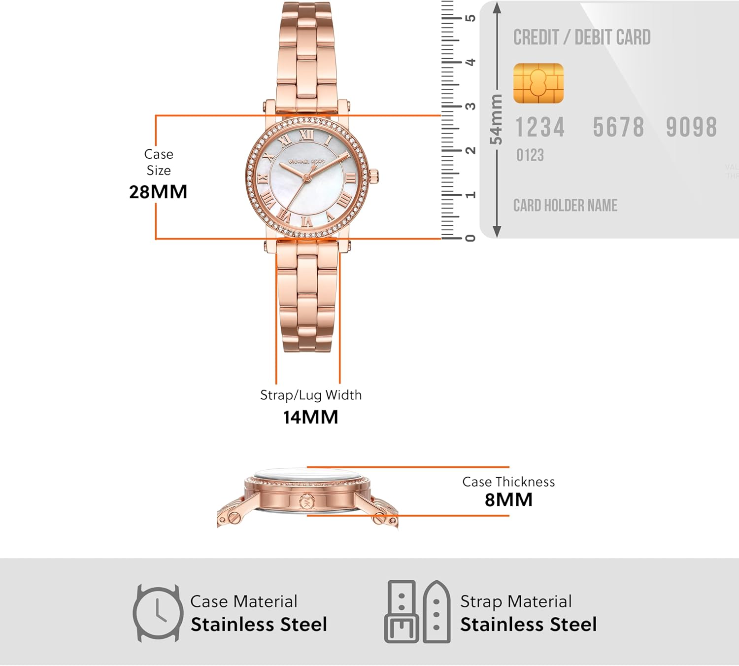 Michael Kors Orologio Norie Donna, movimento a tre lancette, cassa in acciaio inossidabile oro rosa da 28 mm con bracciale in acciaio inossidabile, MK3558