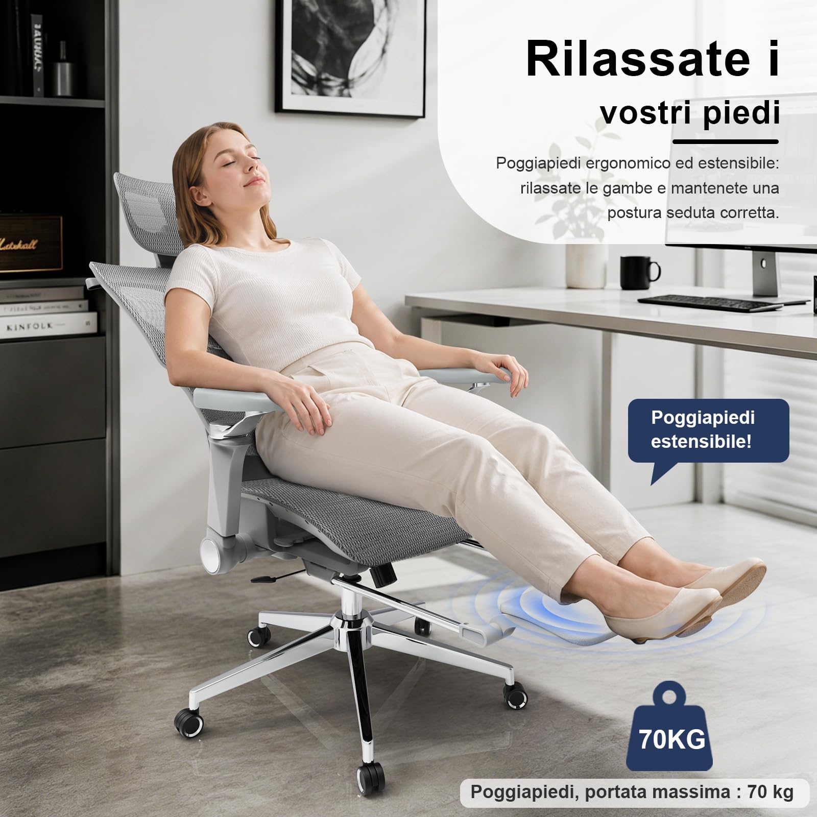 naspaluro Sedia Ufficio Ergonomica, Sedia Scrivania con Poggiapiedi Estraibile, Braccioli 6D, Seduta Regolabile, Schienale Rete Traspirant Supporto Lombare Poltrona Gaming, Carico 150 kg, Grigio