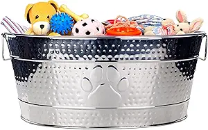 BREKX Stainless Steel Indestructible Dog Toy Bin - Pet Storage Bin with Handles, Large Organizer Storage Basket for Pet Toys, Blankets, Leashes - Pawprint Design Home Decor (Silver - 25 Quart)