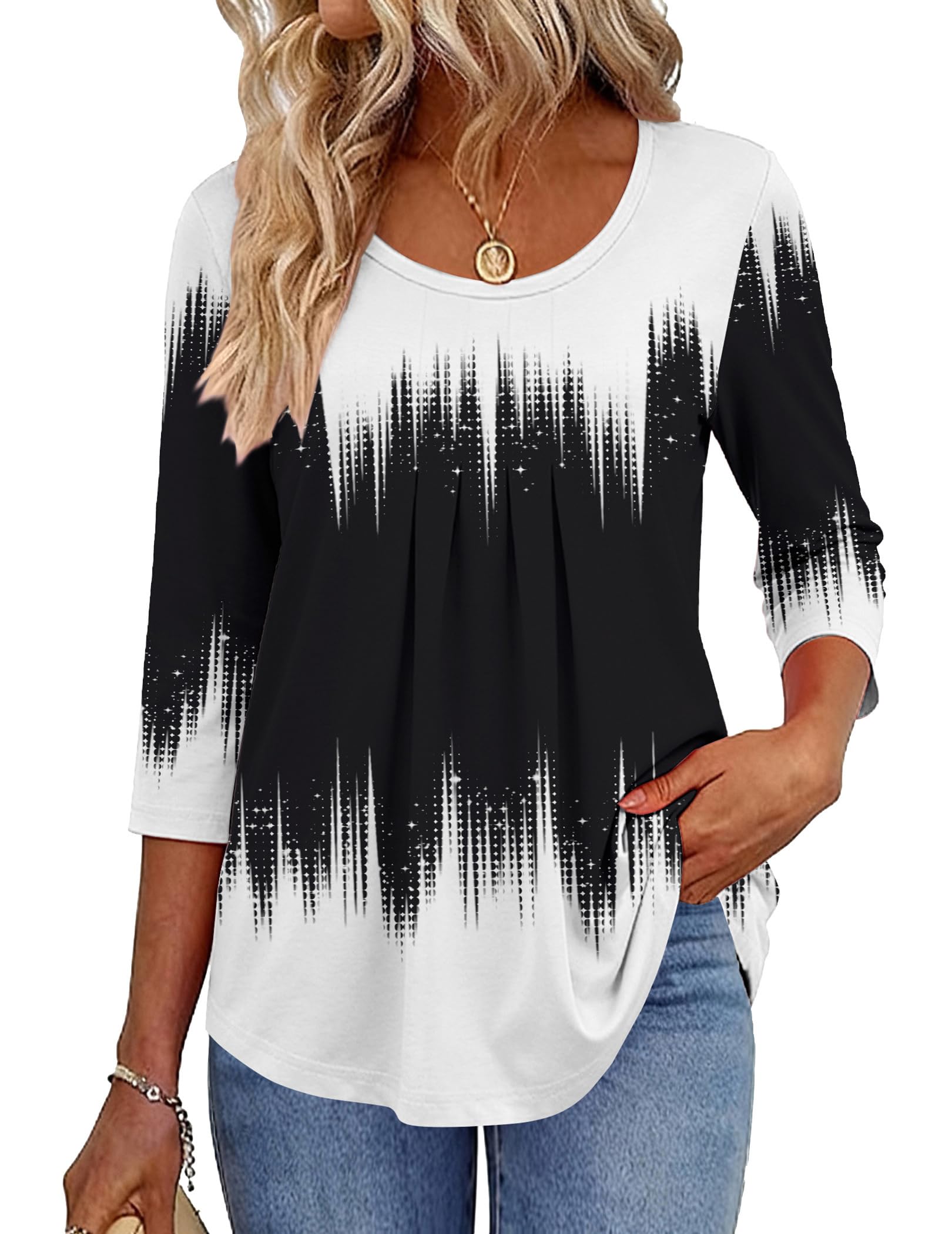 Zeagoo 3/4 Sleeve Tops for Women Crew Neck Blouses Pleated Casual Shirts Fall Work Clothes 2025