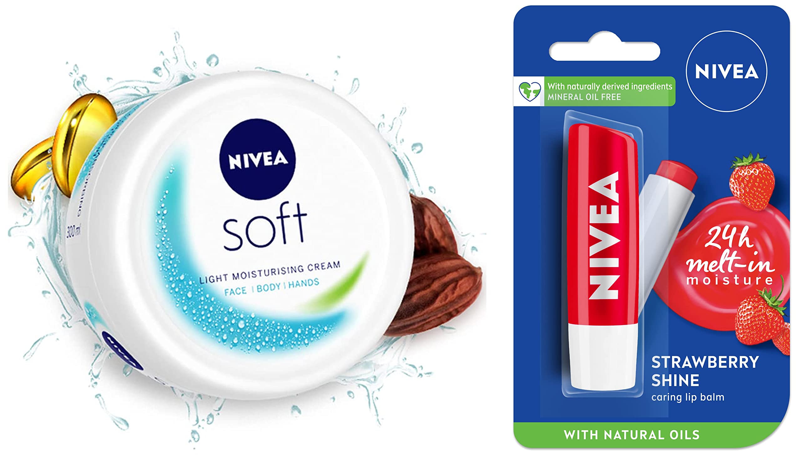 NIVEA Lip Balm, Fruity Strawberry Shine, 4.8g & NIVEA Soft Light Moisturizer Cream, with Vitamin E & Jojoba Oil for Face, Hands and Body, 300 ml