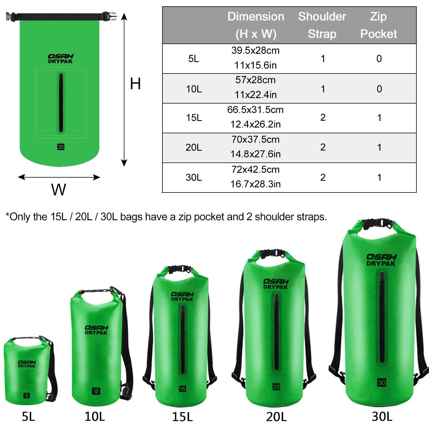 OSAH DRYPAK Borse Impermeabile Sacca Dry Bag 5L 10L 15L 20L 30L con Tracolla Regolabile per Spiaggia Sport d'Acqua Trekking Kayak Canoa Pesca Rafting Nuoto Campeggio