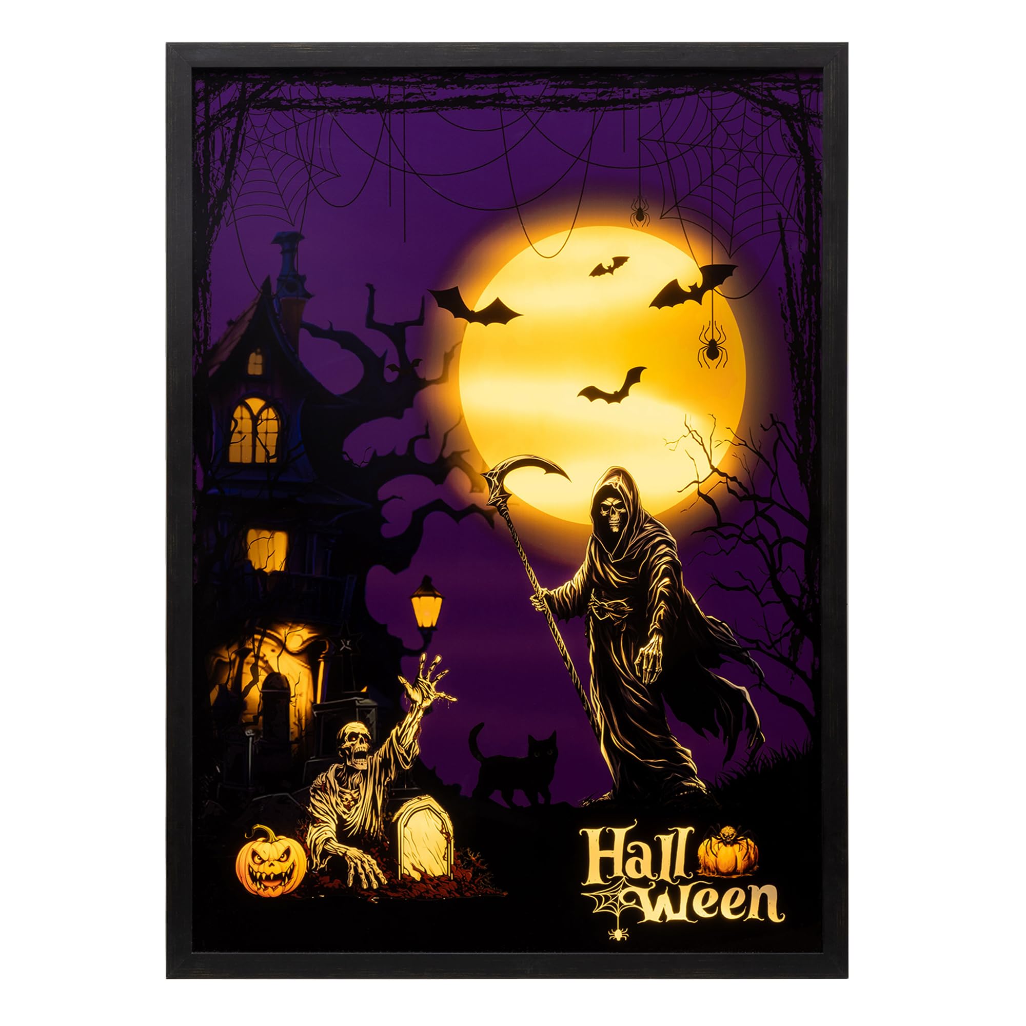 ArtbyHannah Lighted Halloween Wall Decor, Gothic Halloween Wall Art with Lights, Halloween Decorations with Spooky Death Bat and Haunted Mansion for Party Living Room Bedrrom(20×28 Inch Black Framed)