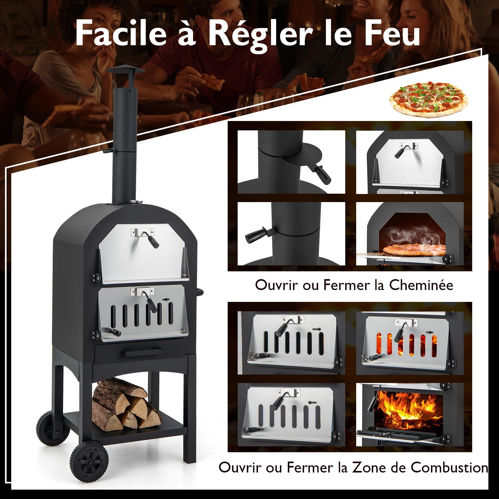 GYMAX Four à Pizza Extérieur 162cm à Bois ou à Pellet, Cuisson Facile avec Thermomètre, Pierre à Pizza, Grilles, Pelle, Accessoires Complets, pour Camping, Fêtes, Barbecues
