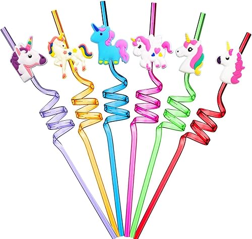 ULIFEMALL Pajitas reutilizables para fiestas de cumpleaños de unicornio, pajitas de dibujos animados, pajitas de plástico curvadas de colores,