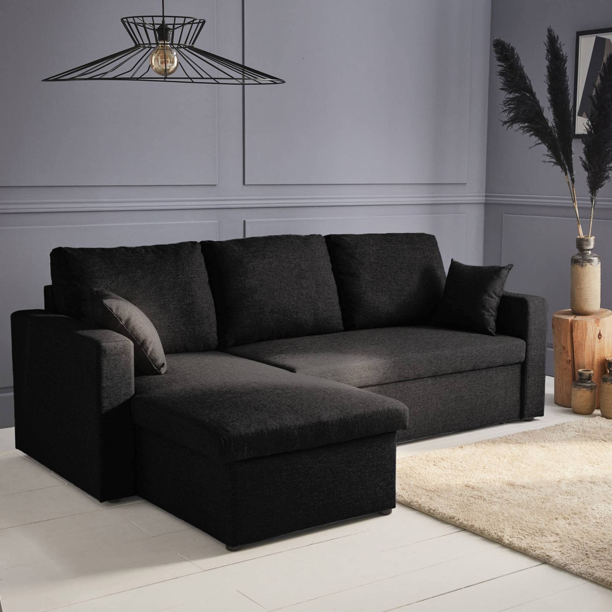 Sweeek - Canapé d'angle Convertible en Tissu Noir - IDA - 3 Places. Fauteuil d'angle réversible Coffre Rangement lit modulable