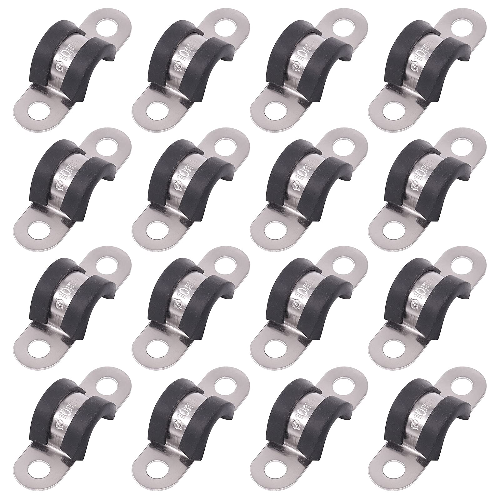 Glarks16Pcs 10MM 2 Hole U-Tube Strap Clamp Set 304 Stainless Steel Rubber Cushion Rigid Pipe Strap U Bracket Tube Strap Assortment Kit For Pipe Tube Fixing (10mm)
