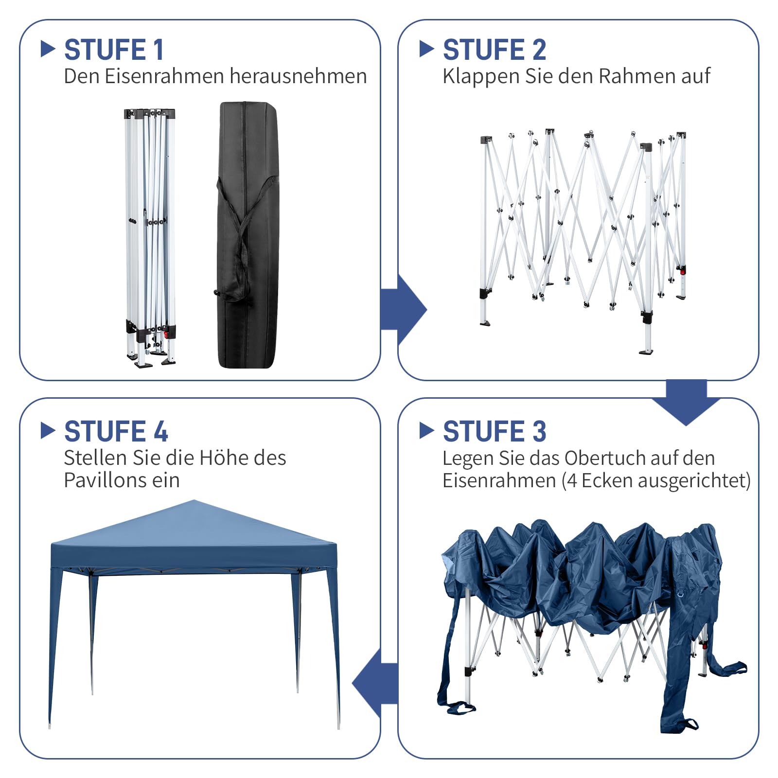 3x3m Tonnelle de Jardin Pliable Aluminium Imperméable Tente de Reception avec aux UV Pavillon Bleu Bâche PE Epaisse de env pour Fête Marriage Les Activités Commerciales (Bleu)