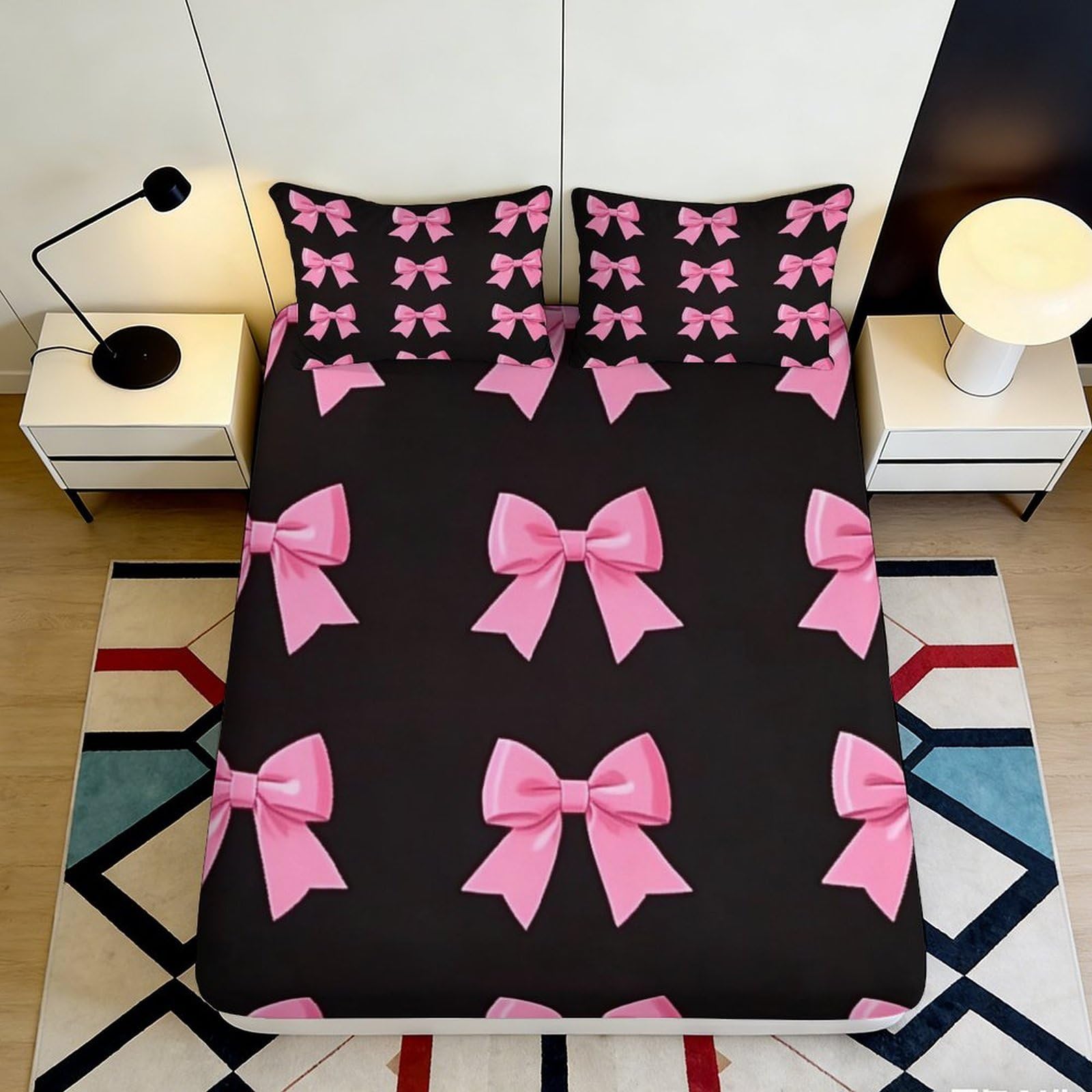 3D Printed Pink Bow Fitted Sheet Microfiber Soft Black Ribbon Bed Cover for Bedroom Guest Room Easy Care 90x200x25cm