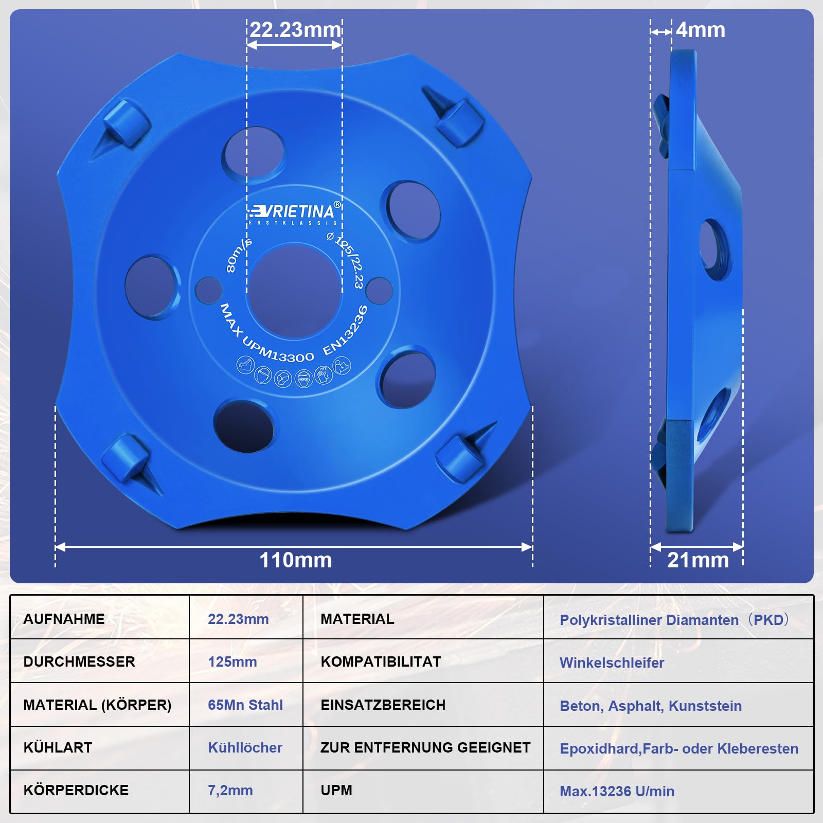 PKD diamentowa tarcza szlifierska 125 x 22,23 mm, turbo do betonu, 4 segmenty, talerz szlifierski, szlifierka garnkowa do szlifierek kątowych, do granitu, kamienia naturalnego, kamienia, muru, kleju