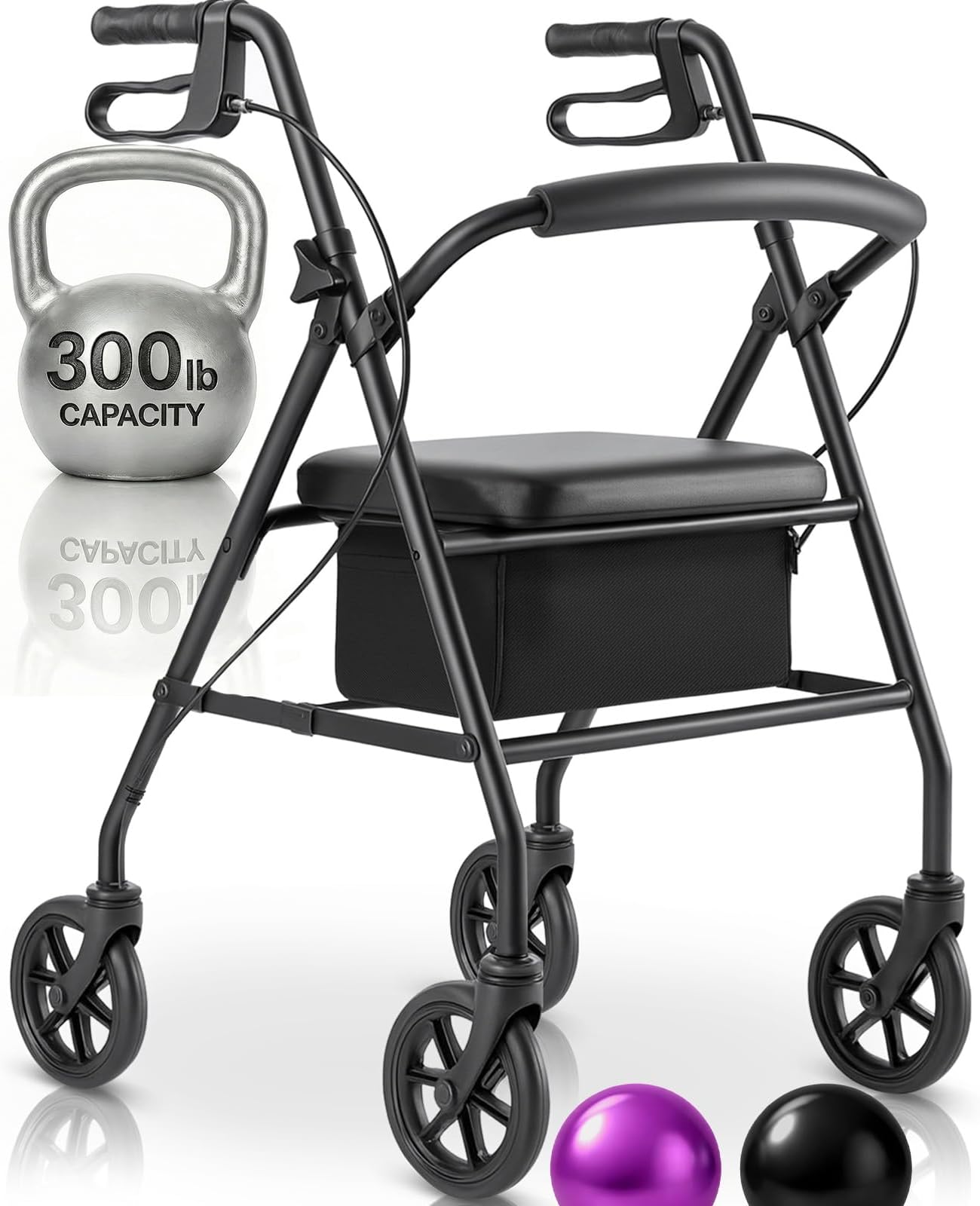 Vive Mobility Steel Rollator Walker with Seat - Foldable, Narrow, Rolling Senior Walker for Small Spaces - 4 Wheel Lightweight Adult Easy Drive with Underseat Storage, Adjustable Height (Black)