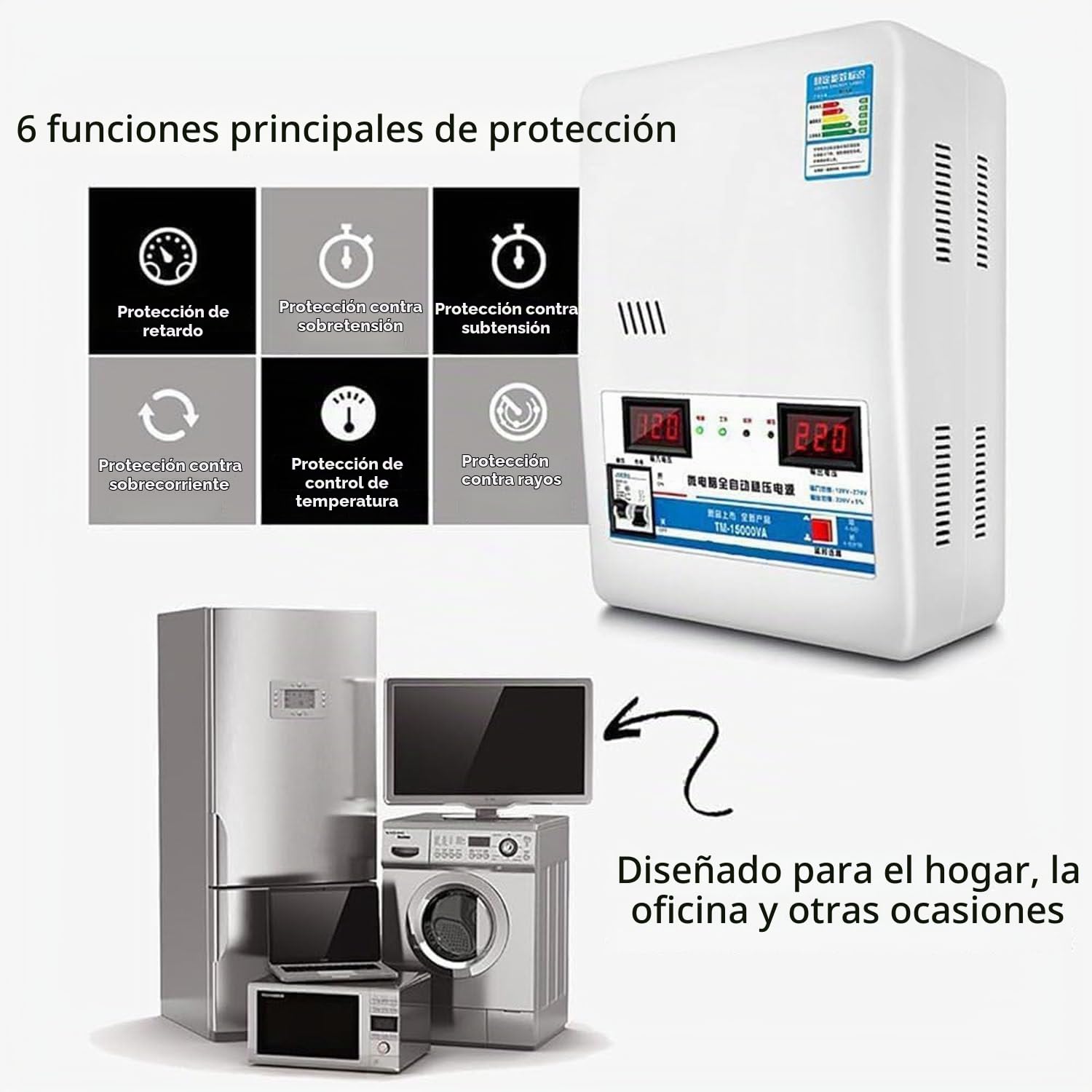 Estabilizador Voltaje Ultrabajo 220 V, 6800 W/15000 W/20000 W, Estabilizador Voltaje Potencia Completamente Automático, Pantalla Voltaje Doble Pantalla Digital, 6 Protecciones Principales,15000W
