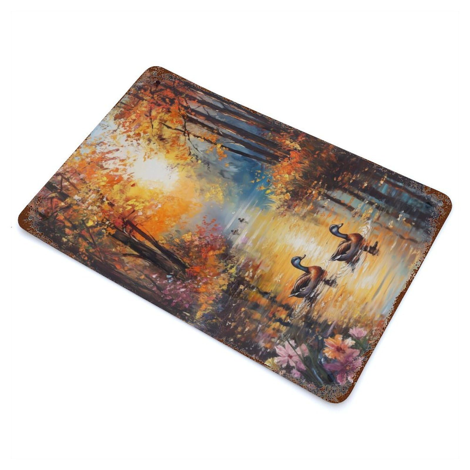 Autumn River Ducks 11.8"x7.9" Rusty Metal Tin Sign, Shabby Chic Decor for Bistro, Counter And Cafe Decor