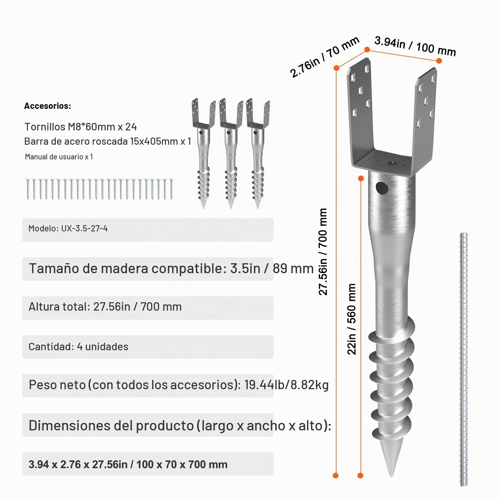 VEVOR Anclaje de Suelo sin Excavación, 100 x 70 x 700 mm, Estaca de Poste con Tornillo para Bricolaje, Incluye 6 Pernos de Retraso y una Barra, Soporte para Postes de Acero Resistente en Forma de U