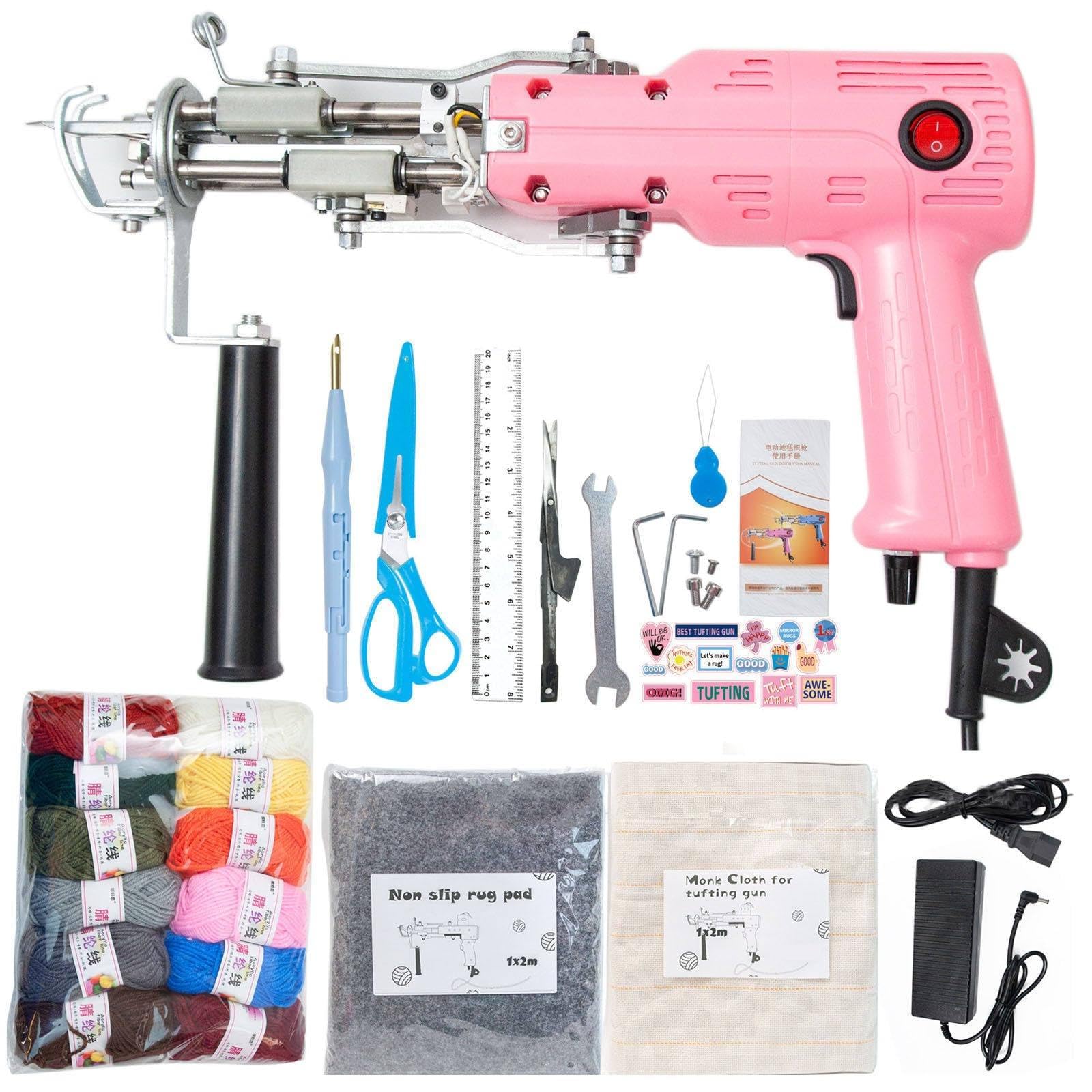 2 in 1 Rug Making Gun, Tufting Gun Starter Kit with Cloth/Yarn & Gadgets-5-40 Stitches/S, Tufting Kit, Rug Tufting Kit, Rug Making Kit, Rug Tufting Gun,Pink