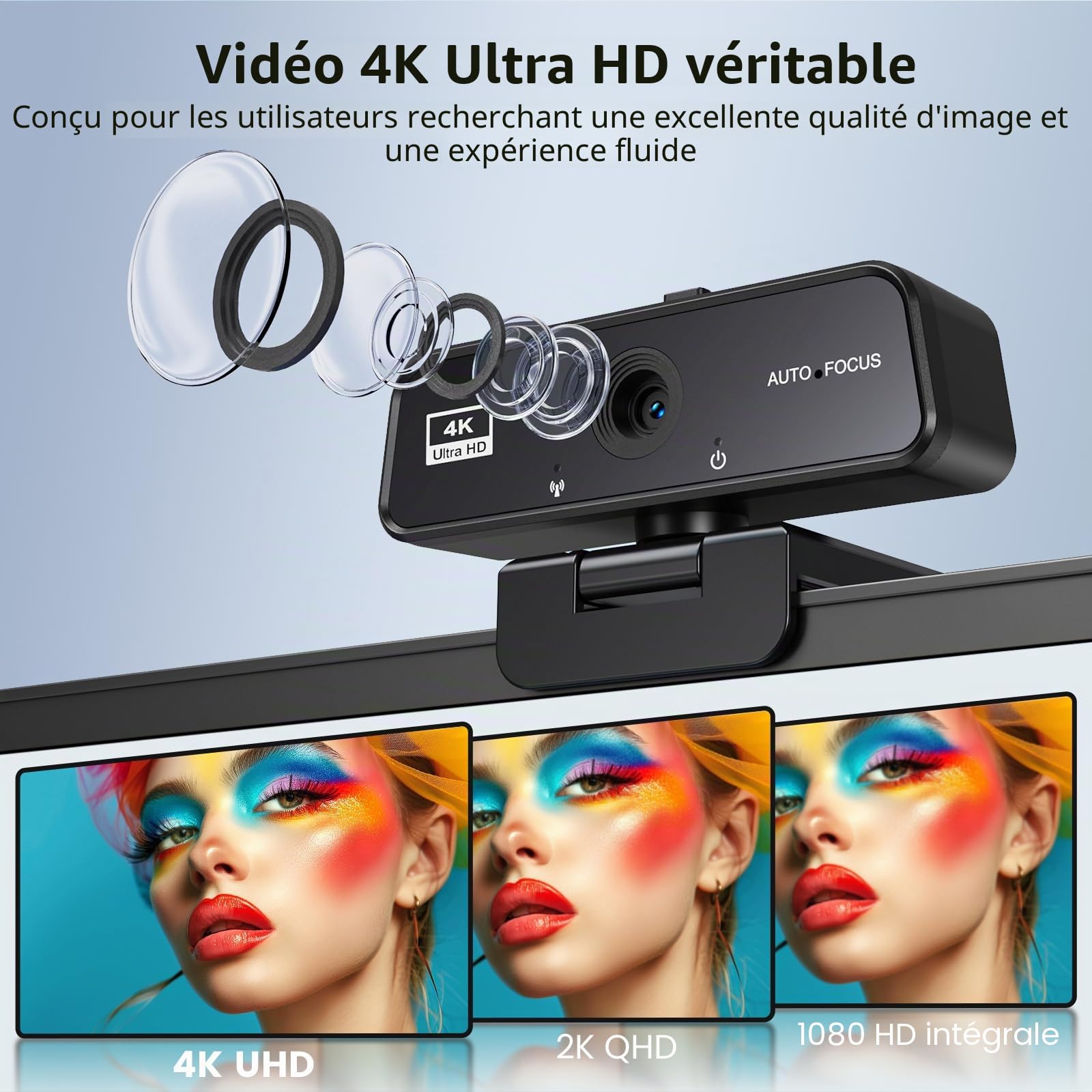 Webcam 4K UHD – Caméra de Streaming avec Microphone Anti-Bruit & Autofocus – pour Youtube, Twitch, Zoom - Compatible Windows, Mac, Linux – Plug and Play