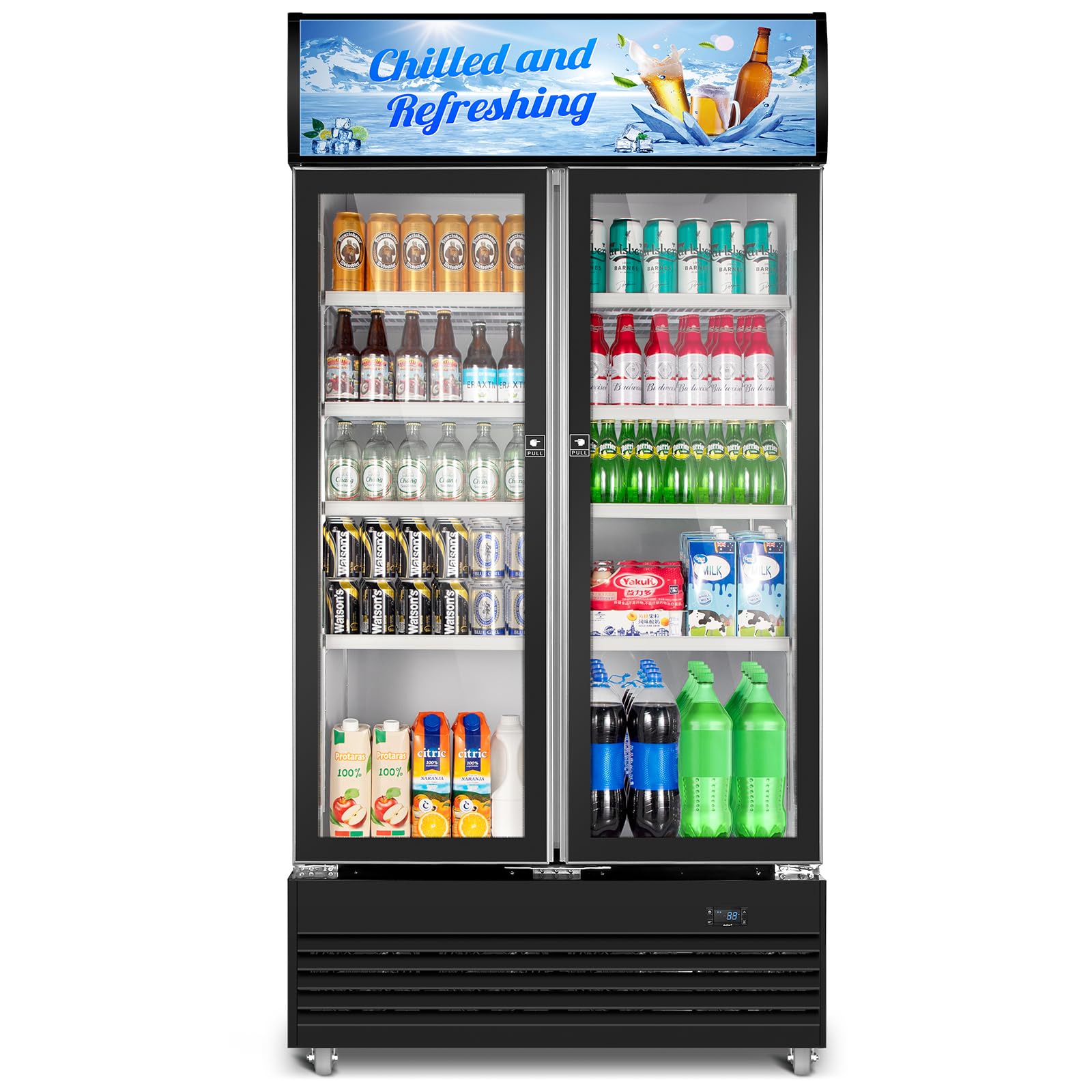 Tylza Commercial Refrigerator, Double Glass Door Display Beverage Fridge, 28.1 Cu Ft Upright Beverage Cooler Merchandiser with Replaceable Advertising Light Board, Rebound Door, Fast Cooling, Black