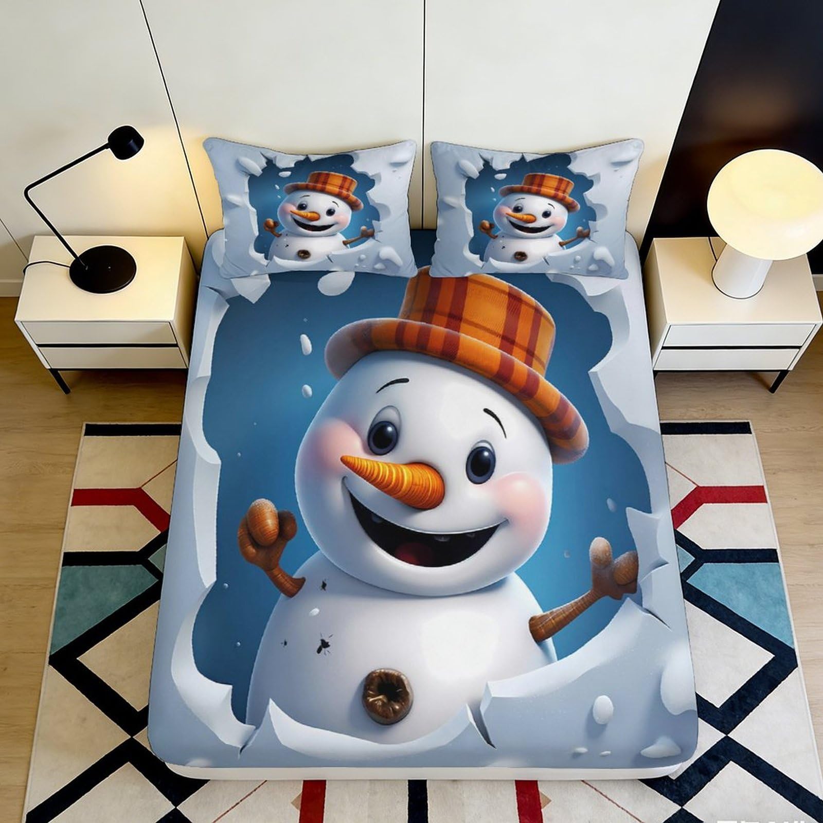 3D Printed Snow Village Fitted Sheet Microfiber Deep Pocket Bedroom Bedding Winter Landscape Mattress Fitted Cover 140x200x25cm