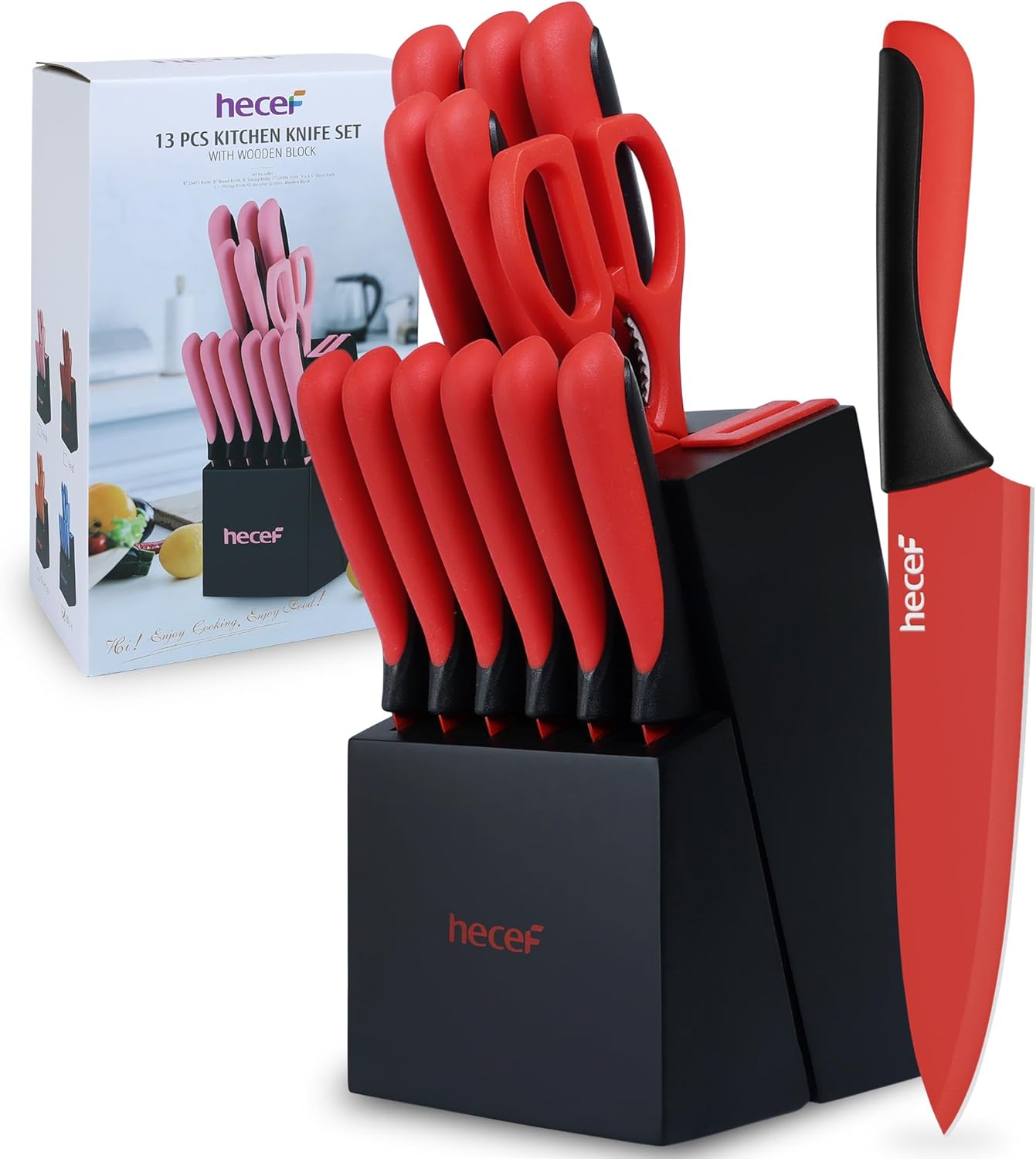 hecef 13 Pieces Kitchen Knife Set with Built-in Sharpening Wooden Block, Dishwasher Safe, High Carbon Stainless Steel Knife Block Set with Steak Knives, Kitchen Scissors, Red hecef 13 Pieces Kitchen Knife Set with Built-in Sharpening Wooden Block, Dishwasher Safe, High Carbon Stainless Steel Knife Block Set with Steak Knives, Kitchen Scissors, Red