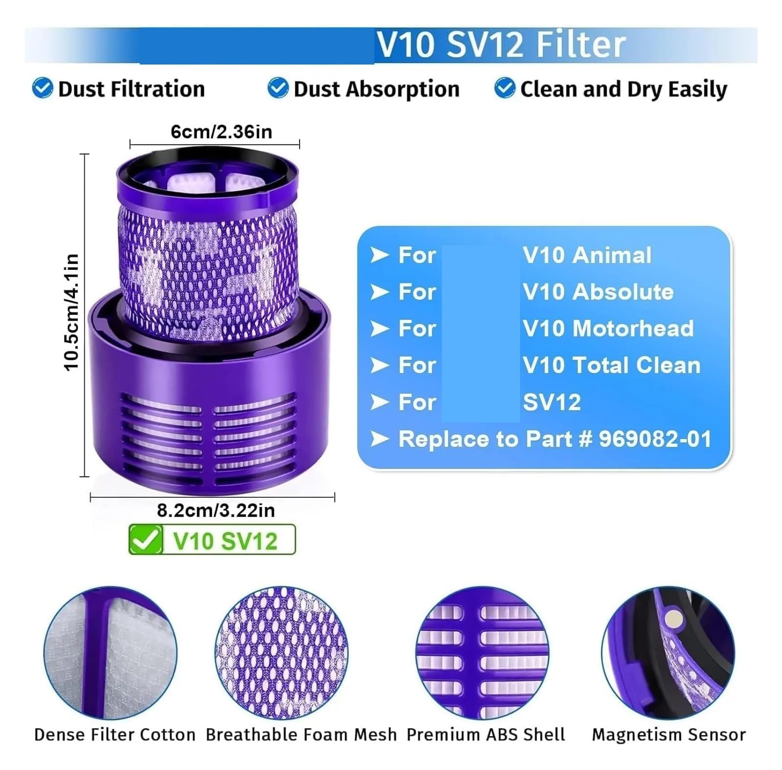 Filtro De Aspiradora,Compatible Con Dyson,V10 SV12 Accesorios Robot Aspirador Filtro Lavable Reemplazo Limpieza Repuestos(4pcs)