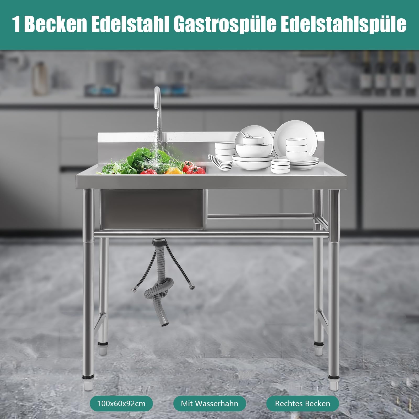 Freistehende Spültisch 100x60cm, Edelstahl Spülenschrank mit Spüle und Armatur, Küchenspüle mit Unterschrank, Ausgussbecken Edelstahl Einzelbecken, 360° Mischbatterie (Linker Spülbecken)