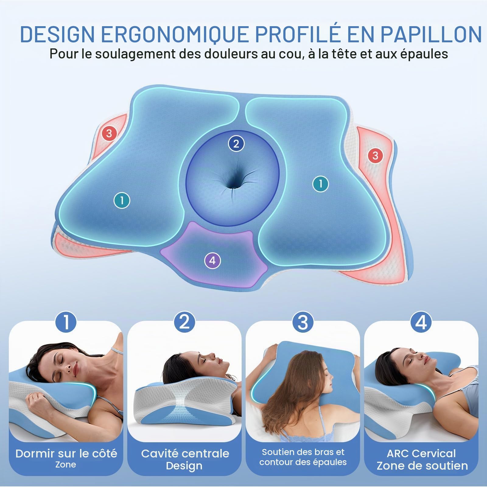 A-Pce Oreiller Ergonomique Cervical,Oreillers Memoire Forme, Bleu