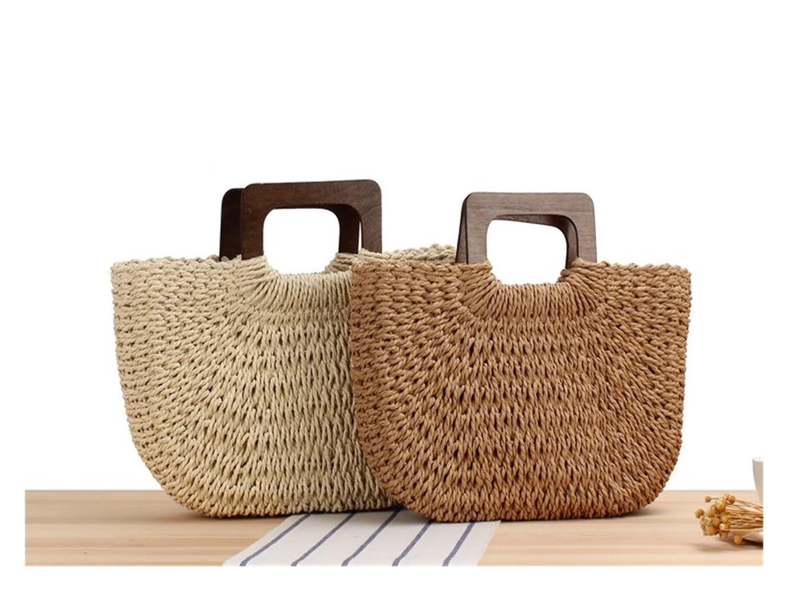 Borsa Semplice Intrecciata A Mano Con Manico In Legno | Spiaggia estiva
