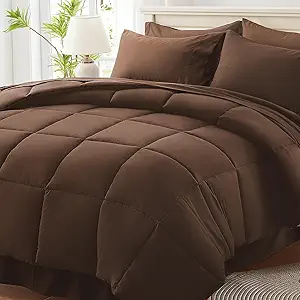 Anluoer Twin Size Bed in a Bag 5 Pieces, Brown Bed Comforter Set with Sheets, All Season Bedding Sets with 1 Comforter, 1 Pillow Sham, 1 Pillowcase, 1 Flat Sheet, 1 Fitted Sheet