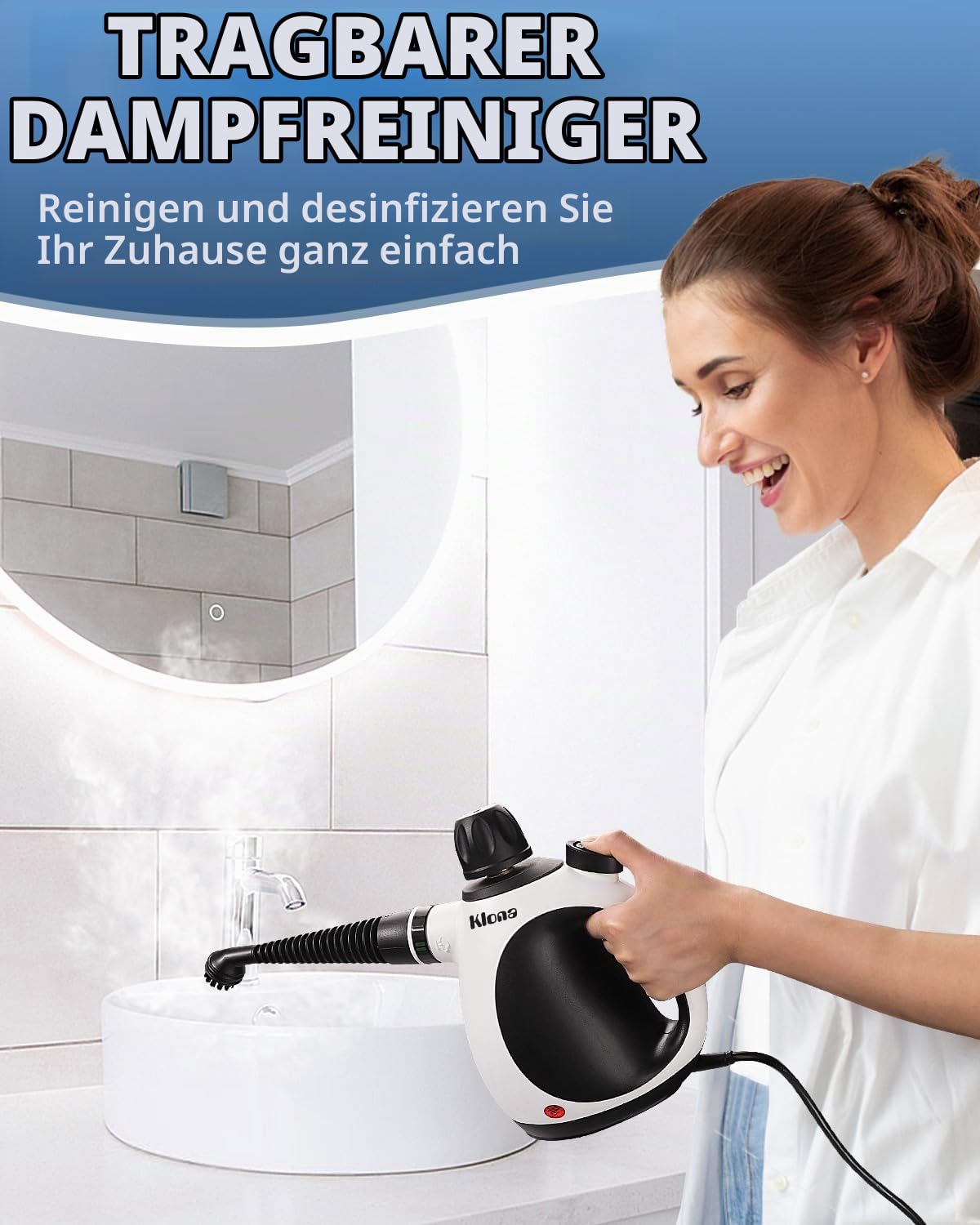 KLONA Dampfreiniger Handgerät, Steam Cleaner mit 10 Zubehör | für Teppiche, Fliesen, Sofas, Bad, Küche | Schmutz Bakterien Fett | 3 Min Schnellheizung | Dampfdruck: 3.2 bar | chemiefrei