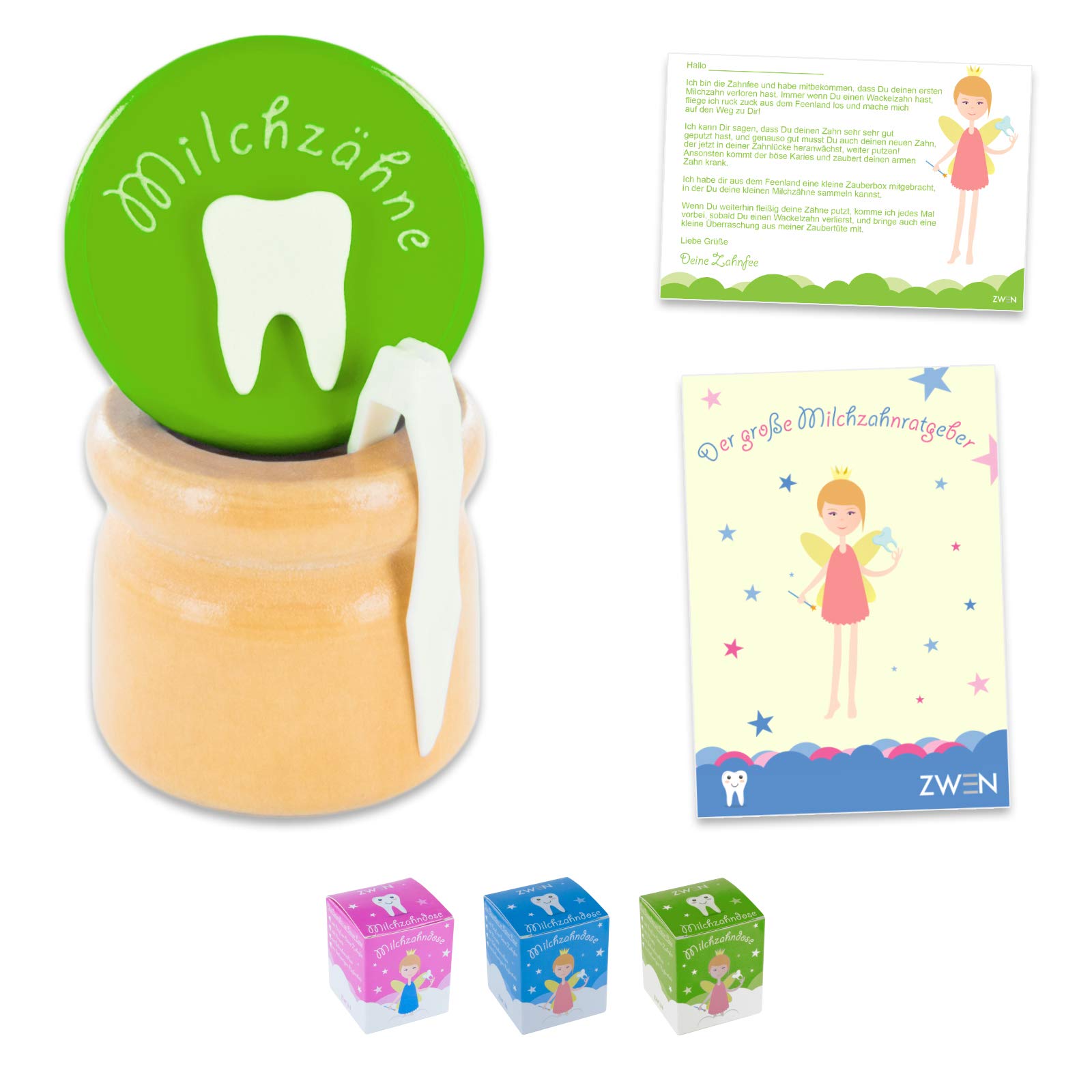 ZWEN MILCHZAHNDOSE Holz Schraubverschluss, Pinzette & Zahnfee-Brief + E-BOOK I Milchzahnbox für Mädchen & Jungen (Grün)