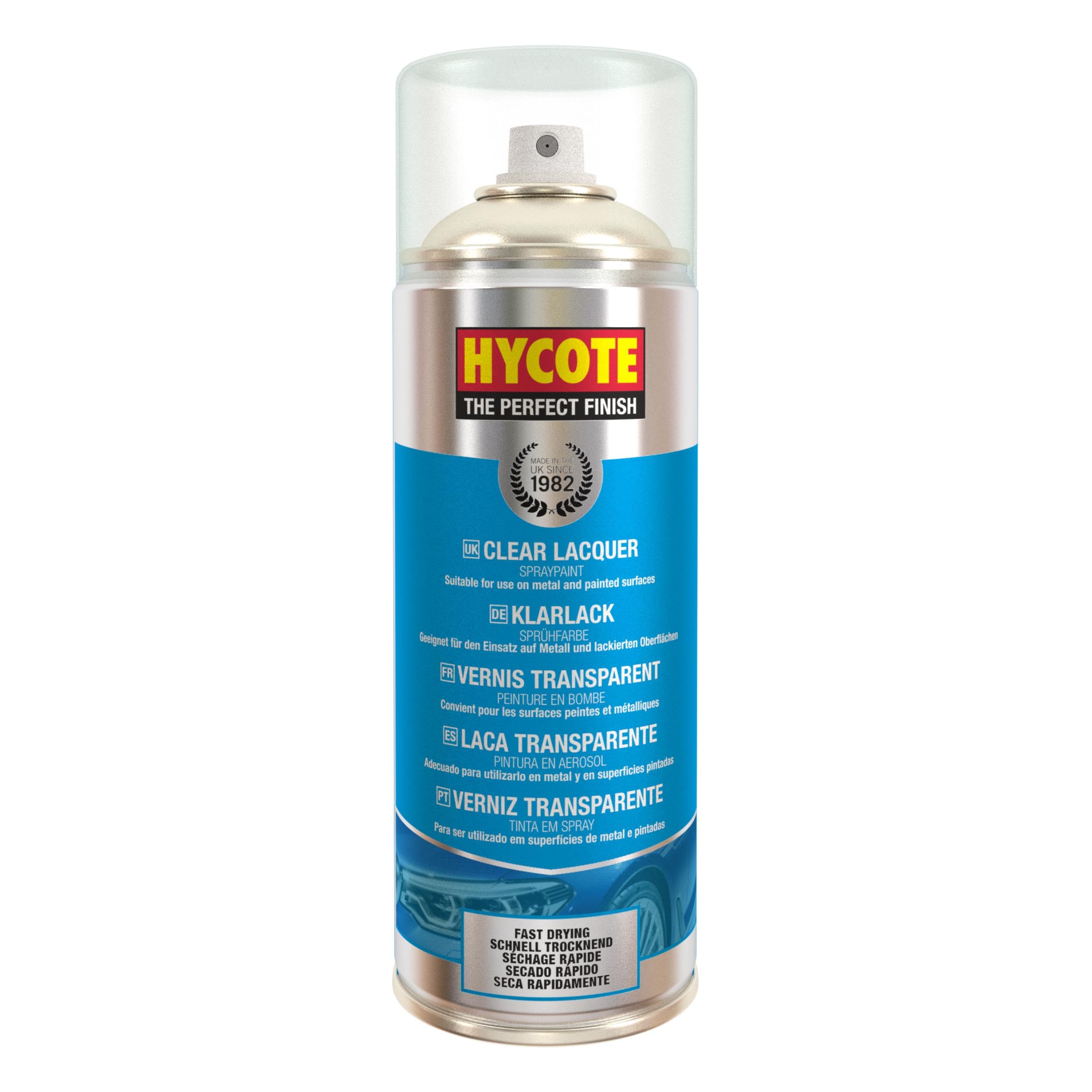Hycote Klarlack Spray Glänzend 400 ml (12er Pack) – Schnelltrocknender Acryl Klarlack zur Versiegelung und Schutz von Lackoberflächen, hohe Deckkraft, für Metall, Kunststoff, Keramik und Holz