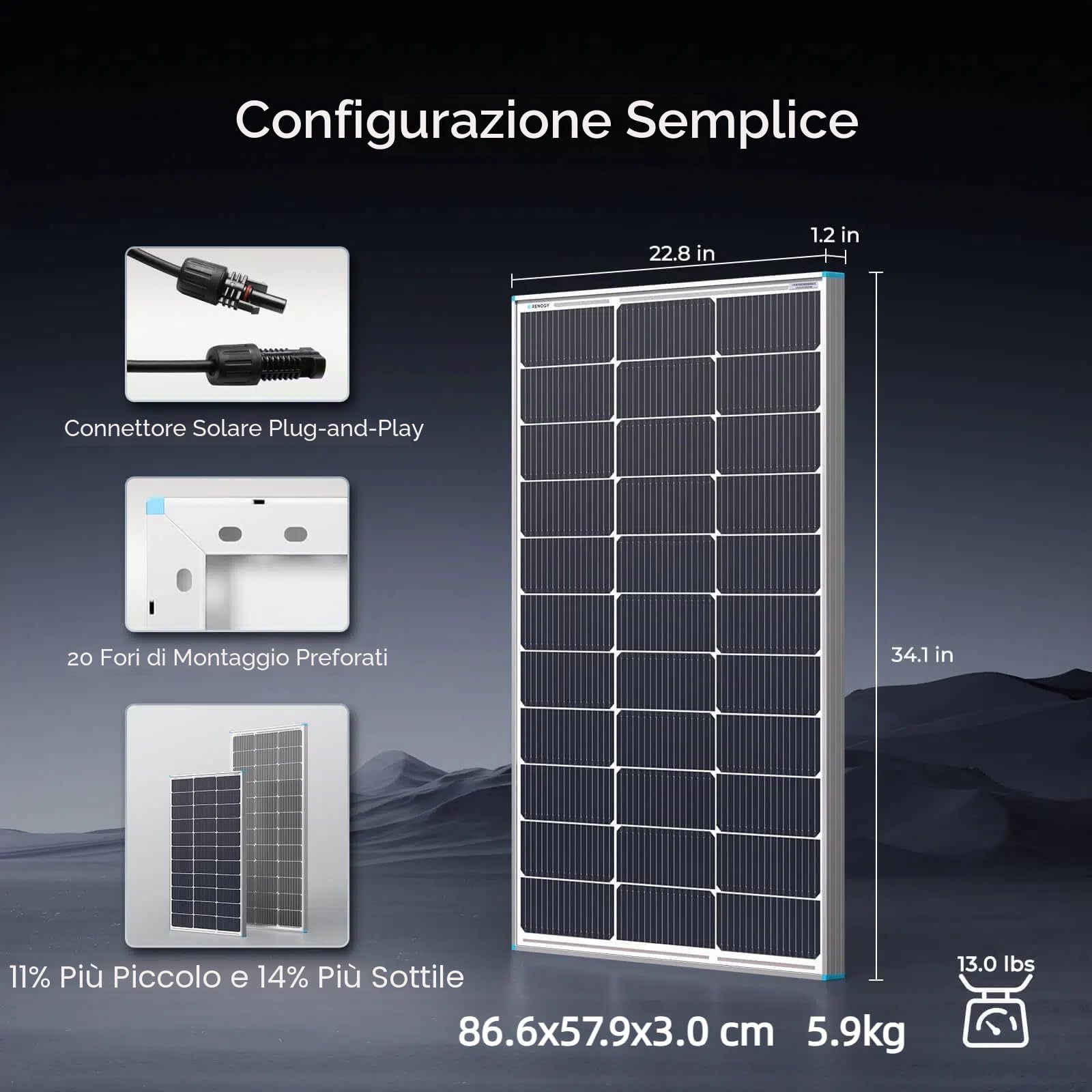 Renogy Pannello solare 100 W, tipo N, 16 BB, 12 V, 25% ad alta efficienza, modulo fotovoltaico, caricabatterie off-grid per camper