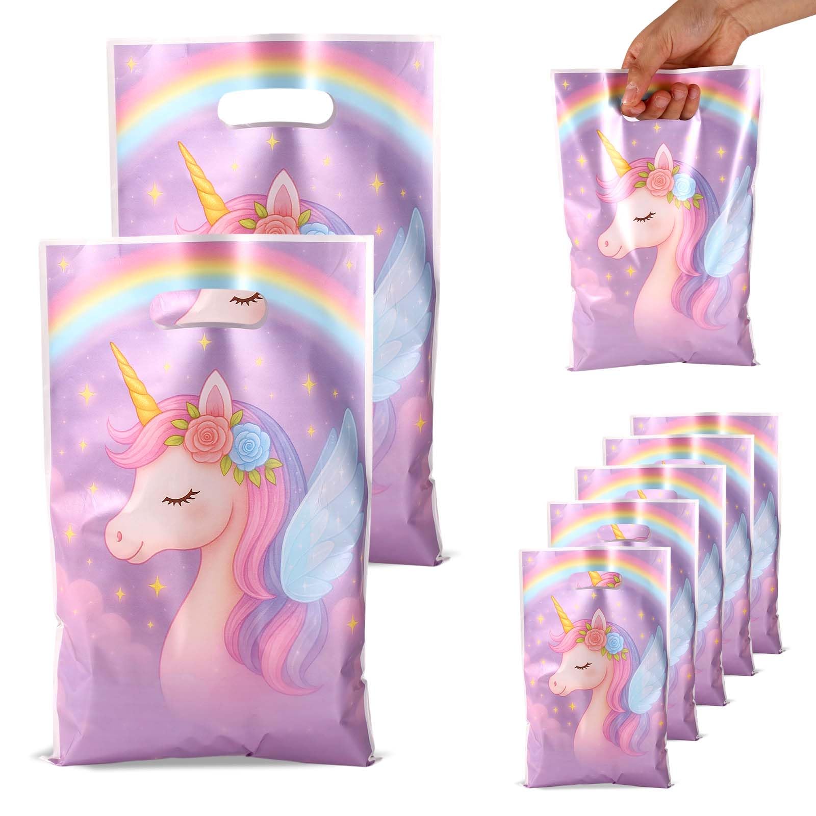 50pcs Unicorn Party Favor Bags with Handles, Unicorn Rainbow Theme Plastic Goodie Candy Gift Goody Bags for Kids Birthday Party Supplies