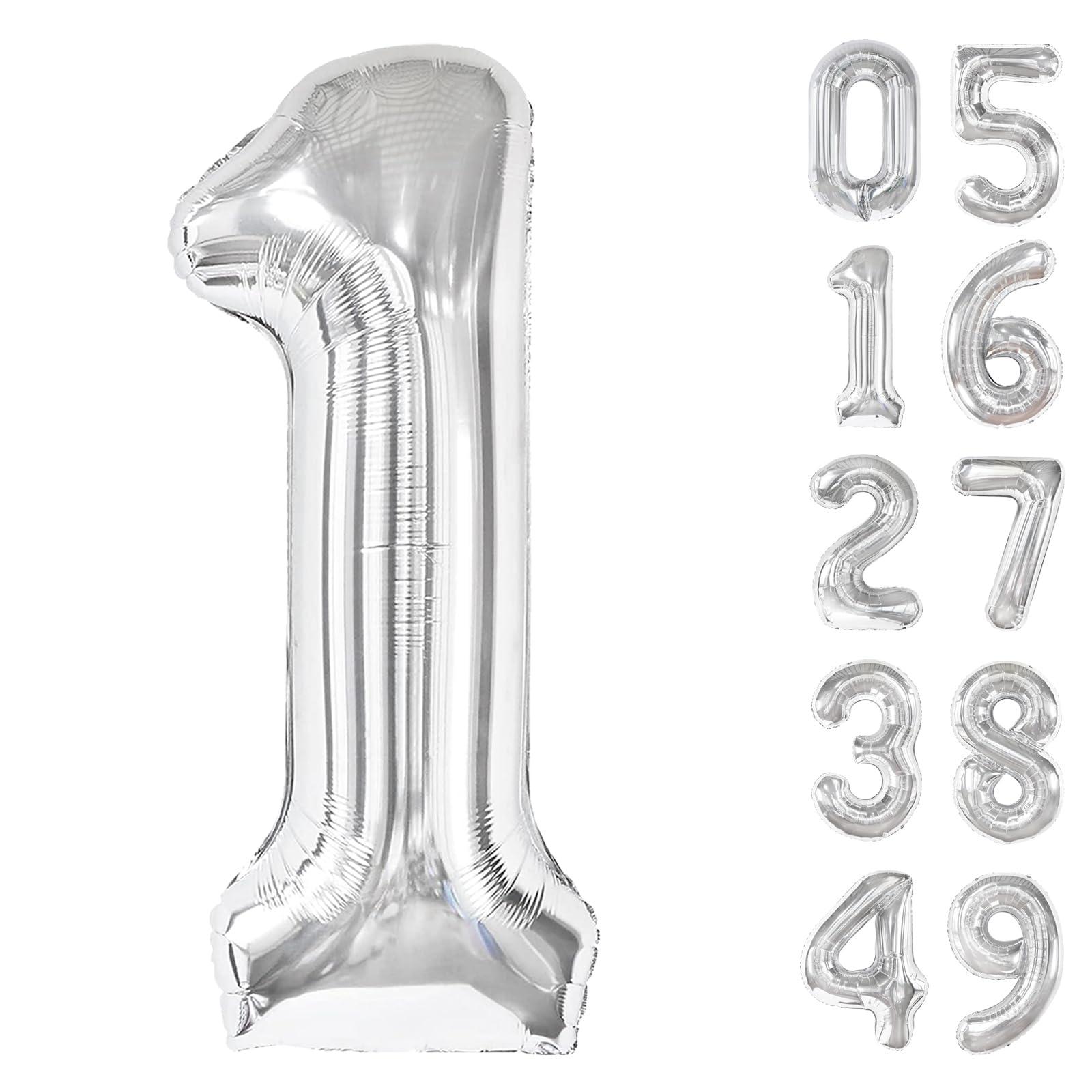 Silver Number 1 Balloon 40 inch, Number 1 Birthday Balloon for Boy Girl, Silver Foil One Balloon for 1st 10 11 12 16 18 Birthday Party, Anniversary