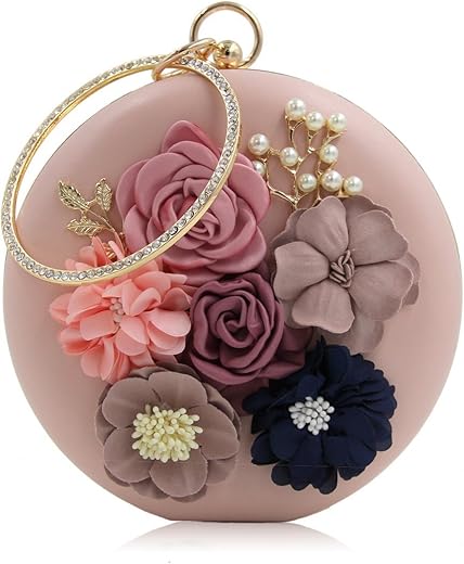 INOVERA (LABEL) Women’s Floral Evening Clutch Ladies Party Wedding Round Purse Bag (Rose Gold)