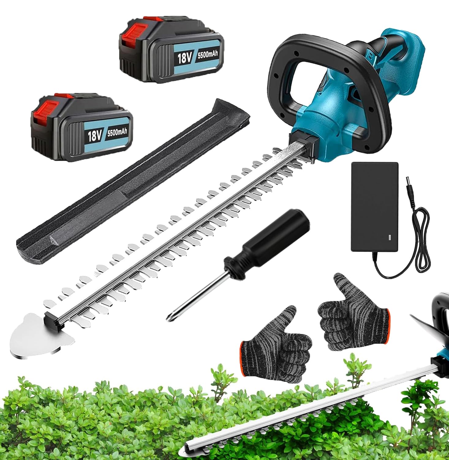 Heckenschere Akku, Ersatz für Makita,Elektro Akku Heckenschere 51cm Schnittlänge, mit 2 Akkus & Ladegerät, 15mm Zahnabstand, Dual Schnittklingen, Inkl Handschuhe, Schutzhülle, für Hecken und Strauch