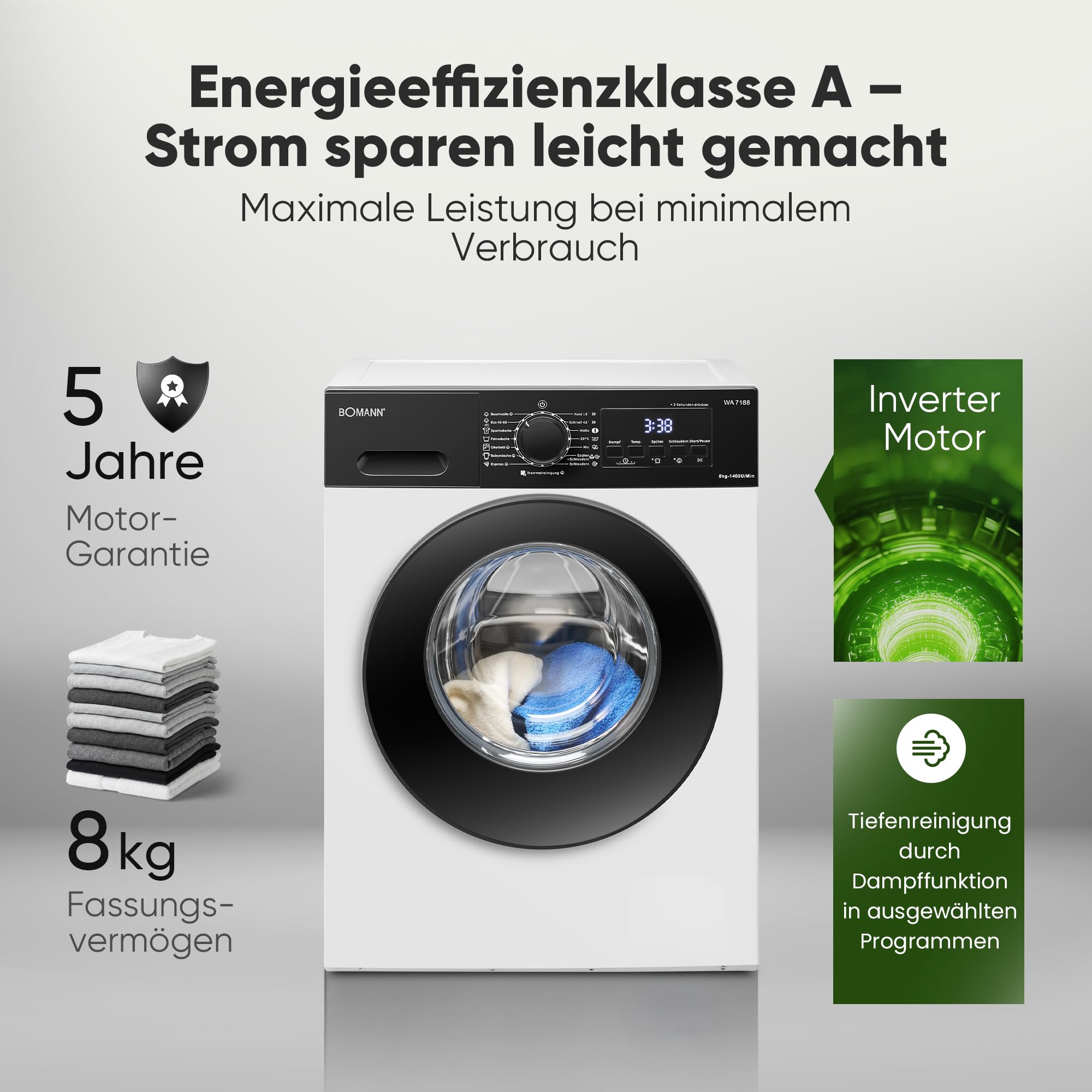 Bomann® Waschmaschine 8kg | 5 Jahre Motor-Garantie | Invertermotor-effizient, leise & langlebig | max. 1400 U/min | 15 Programme | Dampffunktion | LED-Display | Washing Machine | WA 7188 weiß-schwarz