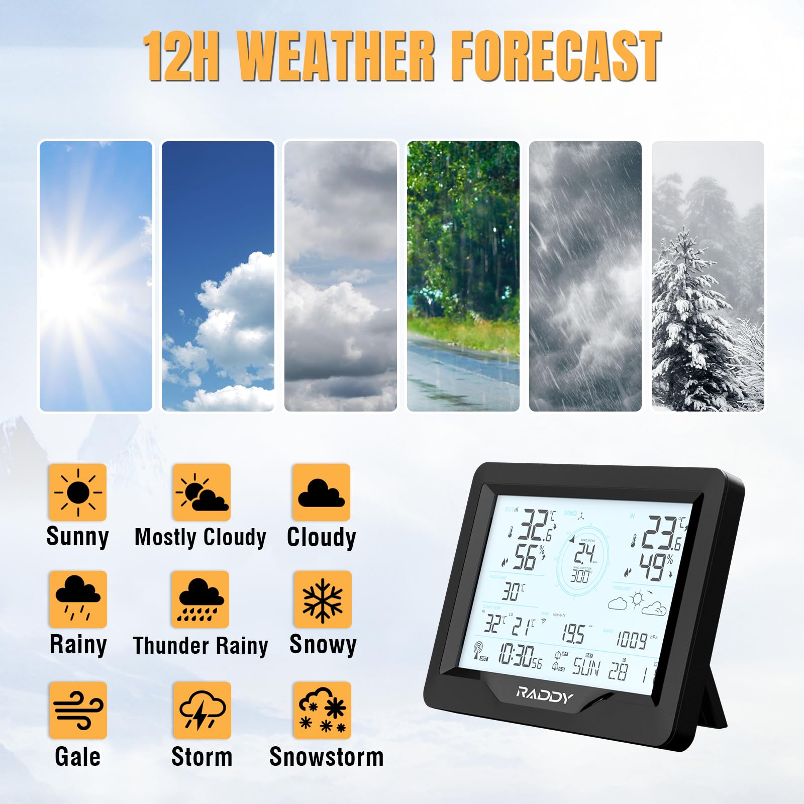 Raddy MN6 Lite stacja pogodowa z czujnikiem zewnętrznym, 5 w 1, wewnętrzny termometr zewnętrzny, monitor temperatury i wilgotności powietrza z zegarem atomowym DCF, prognoza pogody, prędkość wiatru