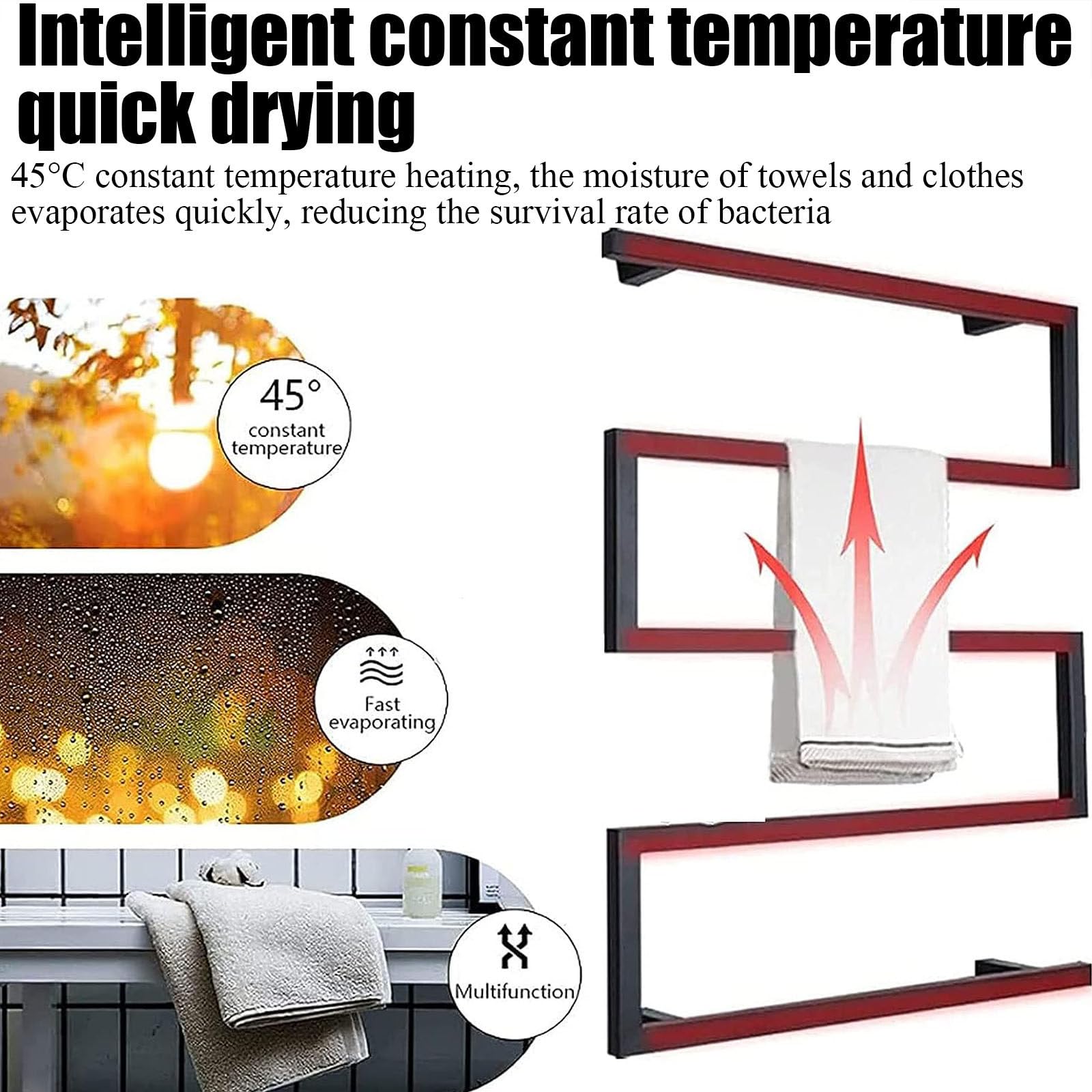 Scaldasalviette Elettrico Bagno,Termoarredo Intelligente a Temperatura Costante,Portasciugamani riscaldato da Parete,Portasciugamani,Black